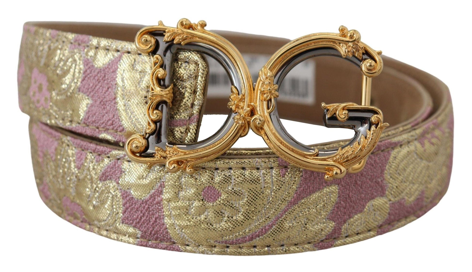 Dolce & Gabbana Pink Jaquard DG Logo Gold Metal Buckle Belt - Arichezz.store