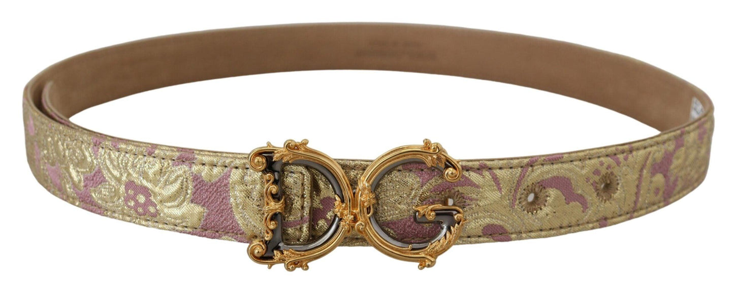 Dolce & Gabbana Pink Jaquard DG Logo Gold Metal Buckle Belt - Arichezz.store