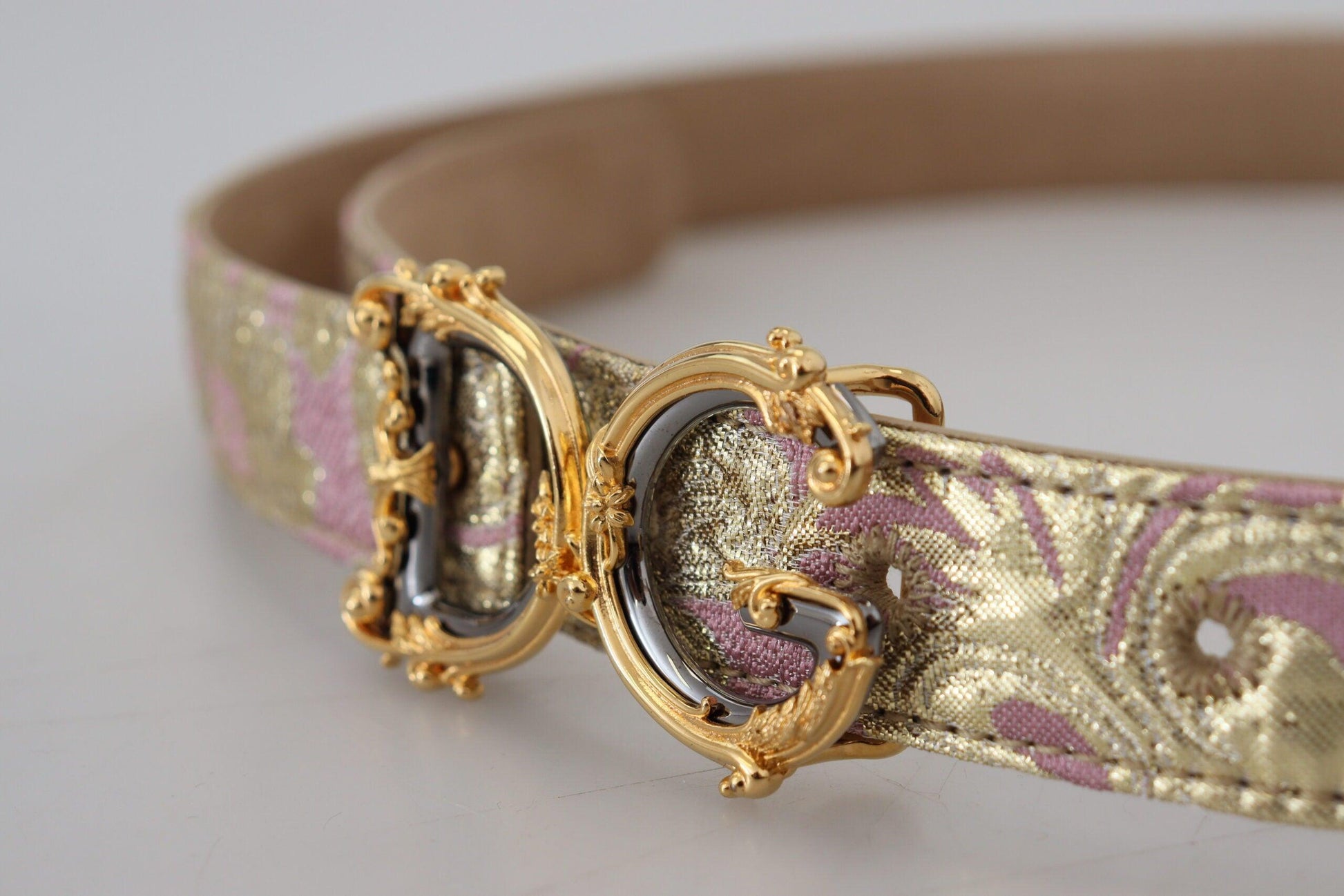 Dolce & Gabbana Pink Jaquard DG Logo Gold Metal Buckle Belt - Arichezz.store