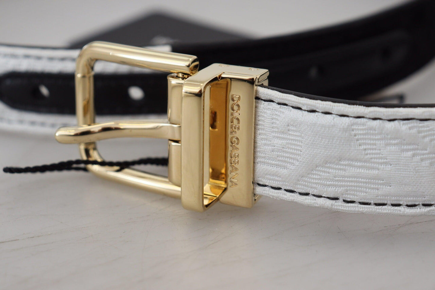 Dolce & Gabbana White Black Patchwork Gold Metal Buckle Belt - Arichezz.store