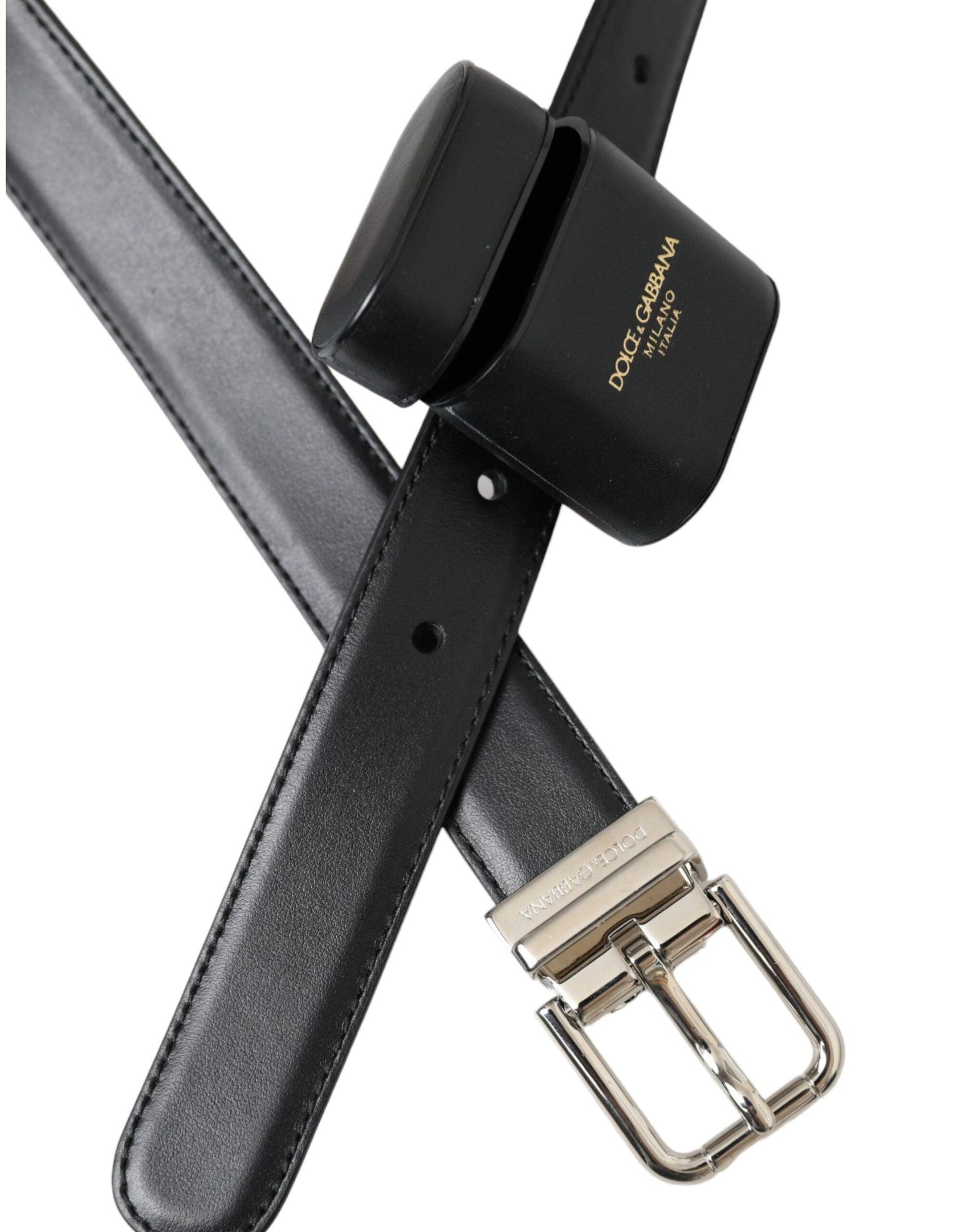 Dolce & Gabbana Black Leather Airpods Case Silver Buckle Belt - Arichezz.store