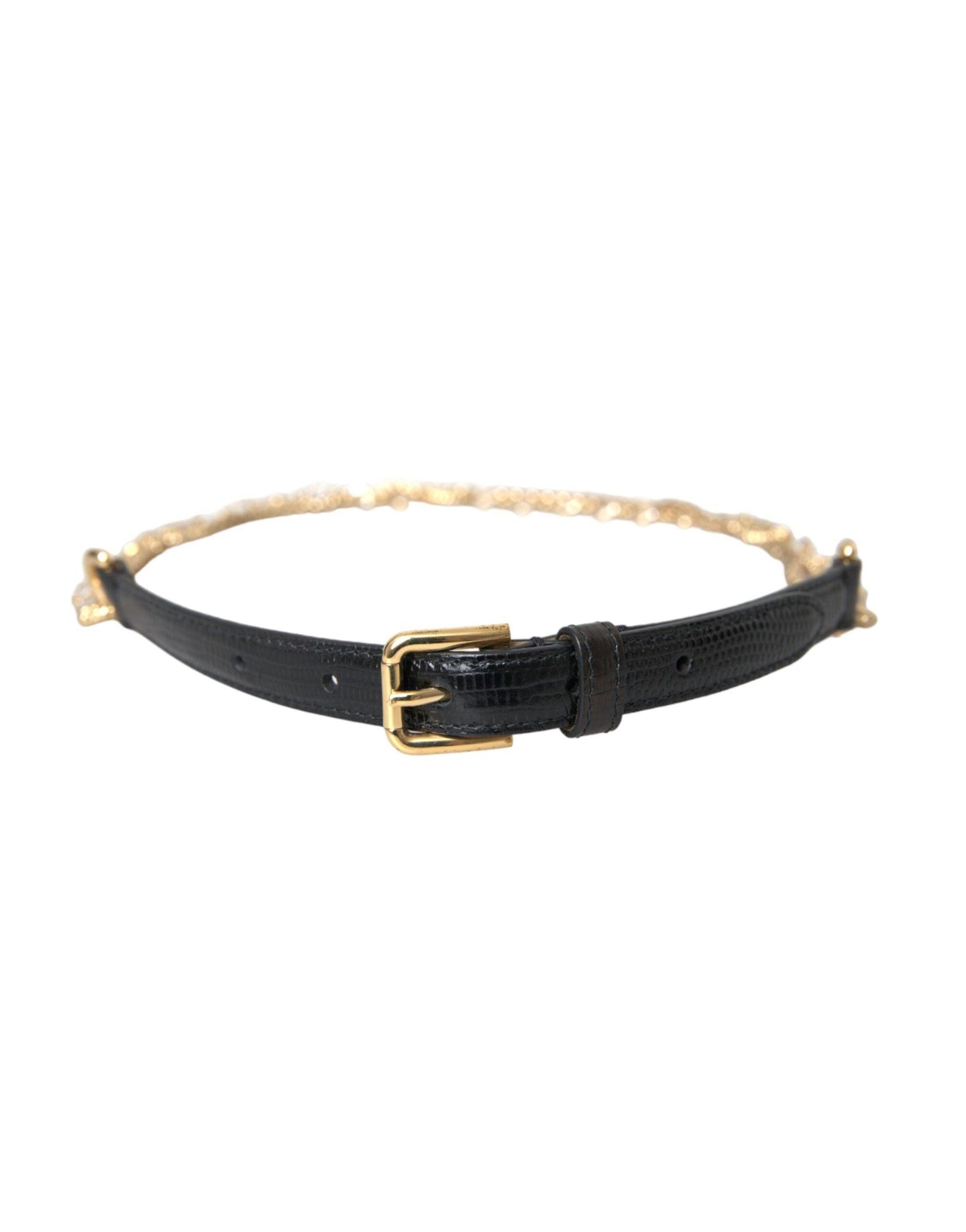 Dolce & Gabbana Black Leather Gold Chain Crystal Waist Women Belt - Arichezz.store