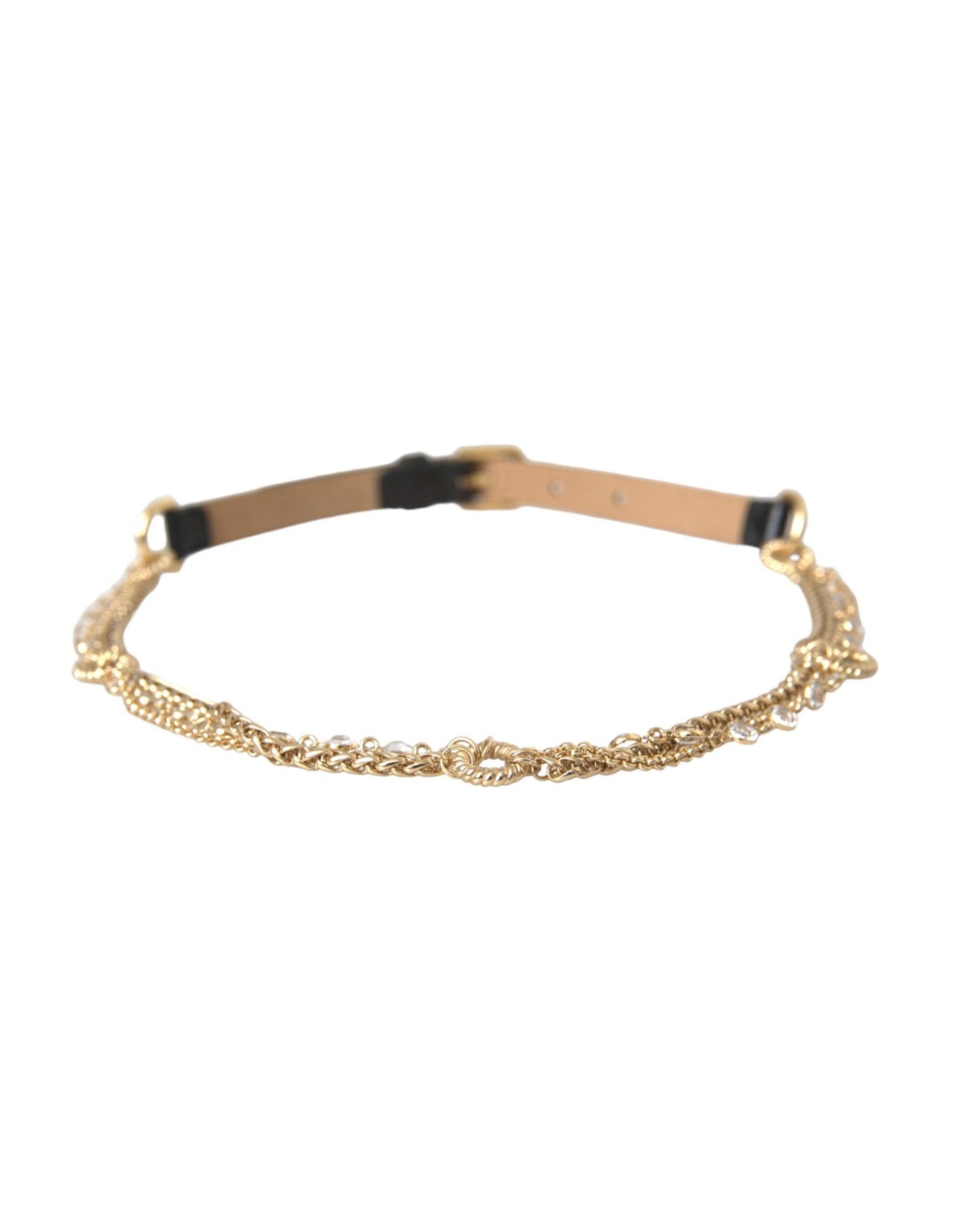 Dolce & Gabbana Black Leather Gold Chain Crystal Waist Women Belt - Arichezz.store