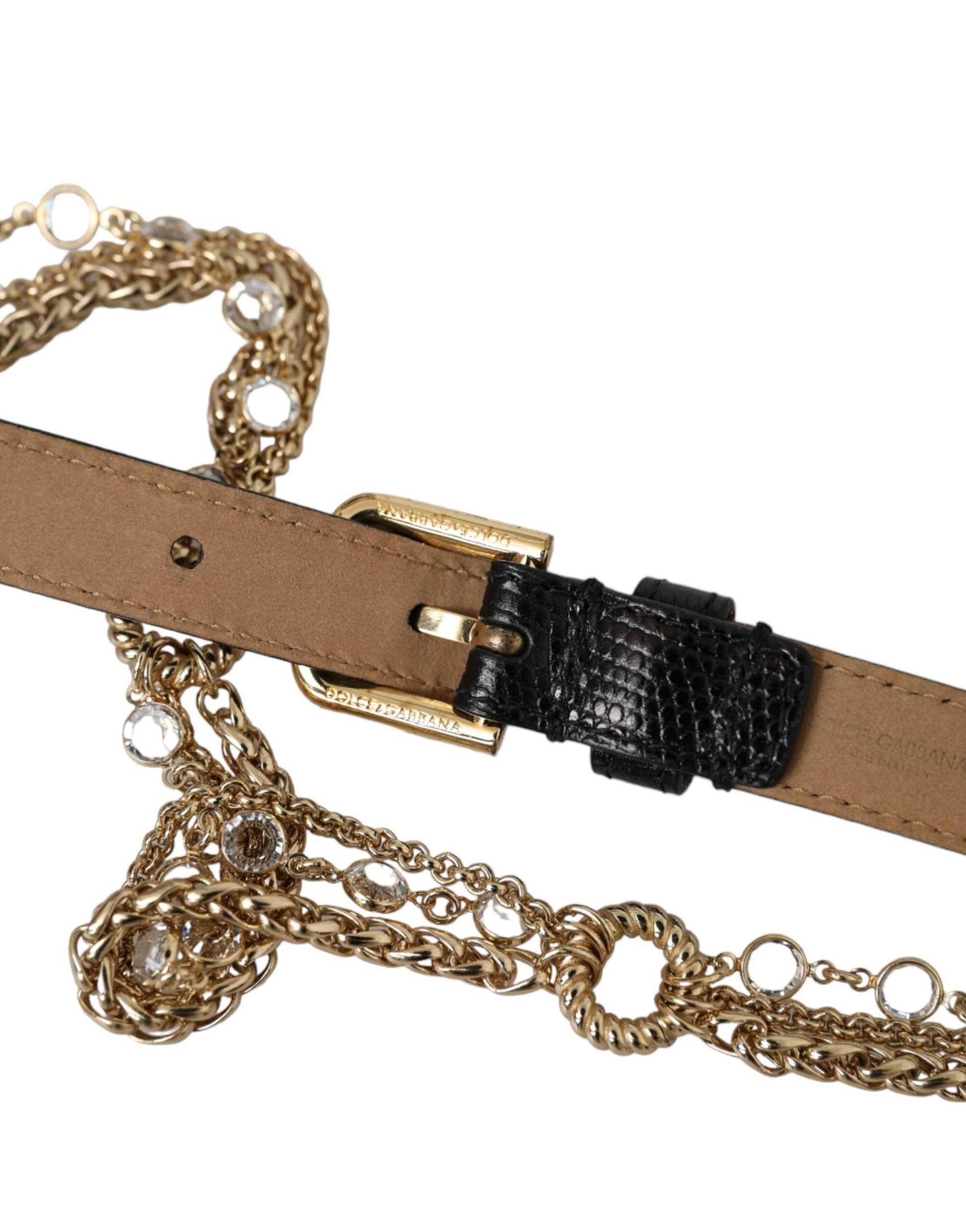 Dolce & Gabbana Black Leather Gold Chain Crystal Waist Women Belt - Arichezz.store