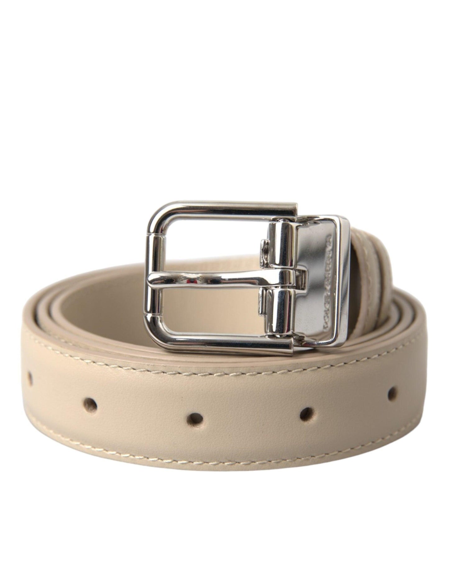 Dolce & Gabbana Beige Calfskin Leather Silver Metal Buckle Belt - Arichezz.store