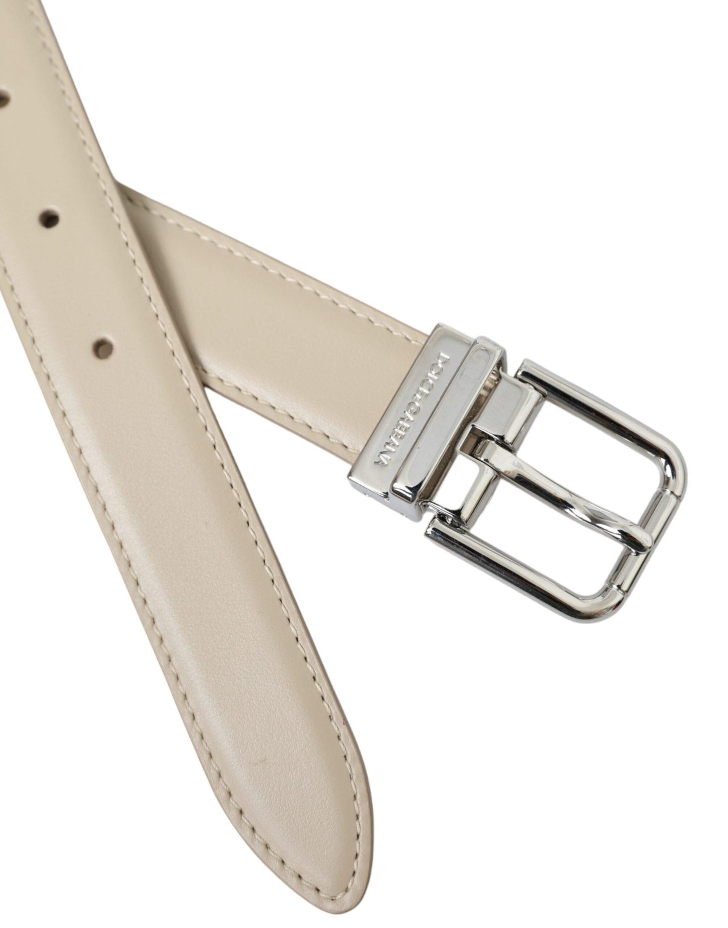 Dolce & Gabbana Beige Calfskin Leather Silver Metal Buckle Belt - Arichezz.store