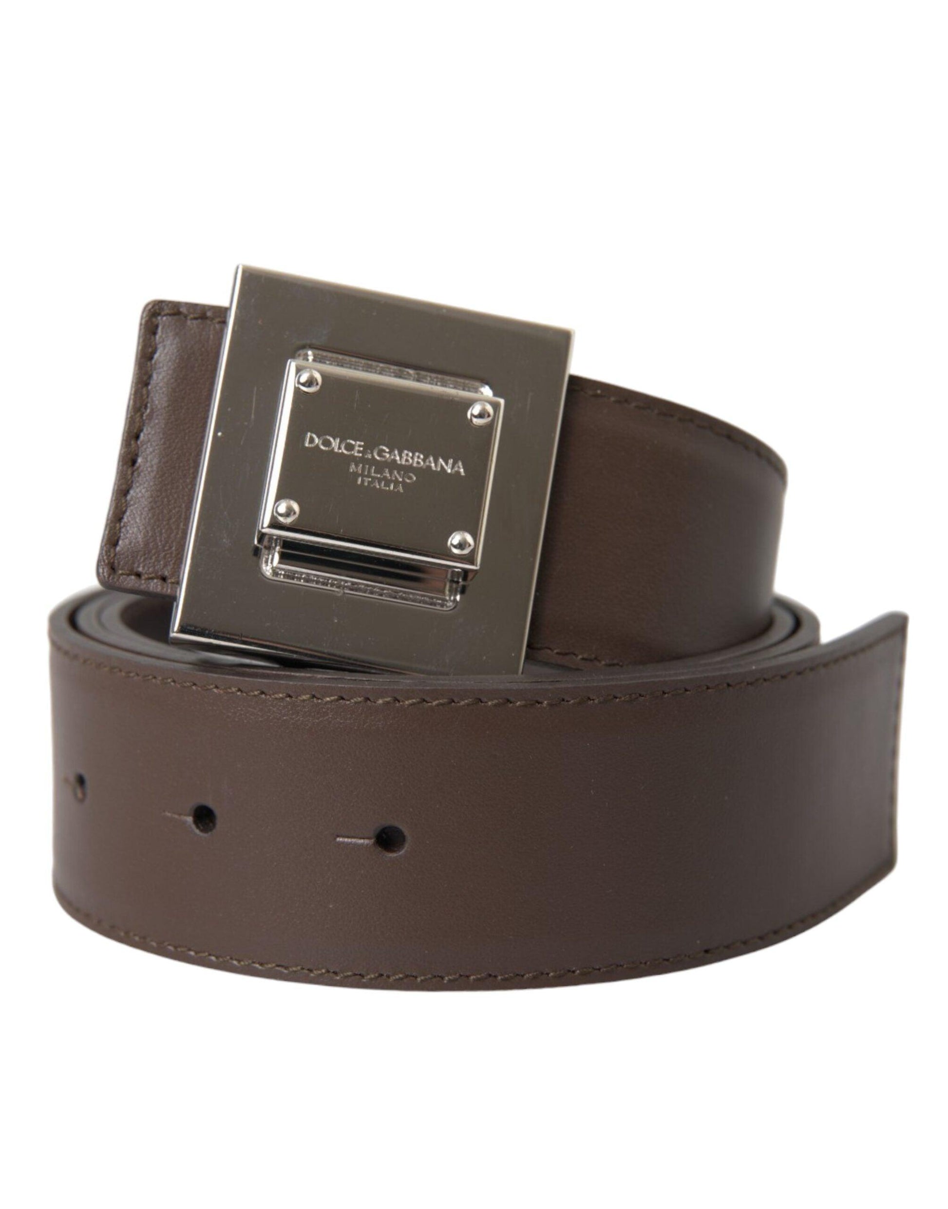 Dolce & Gabbana Brown Calf Leather Square Metal Buckle Belt - Arichezz.store