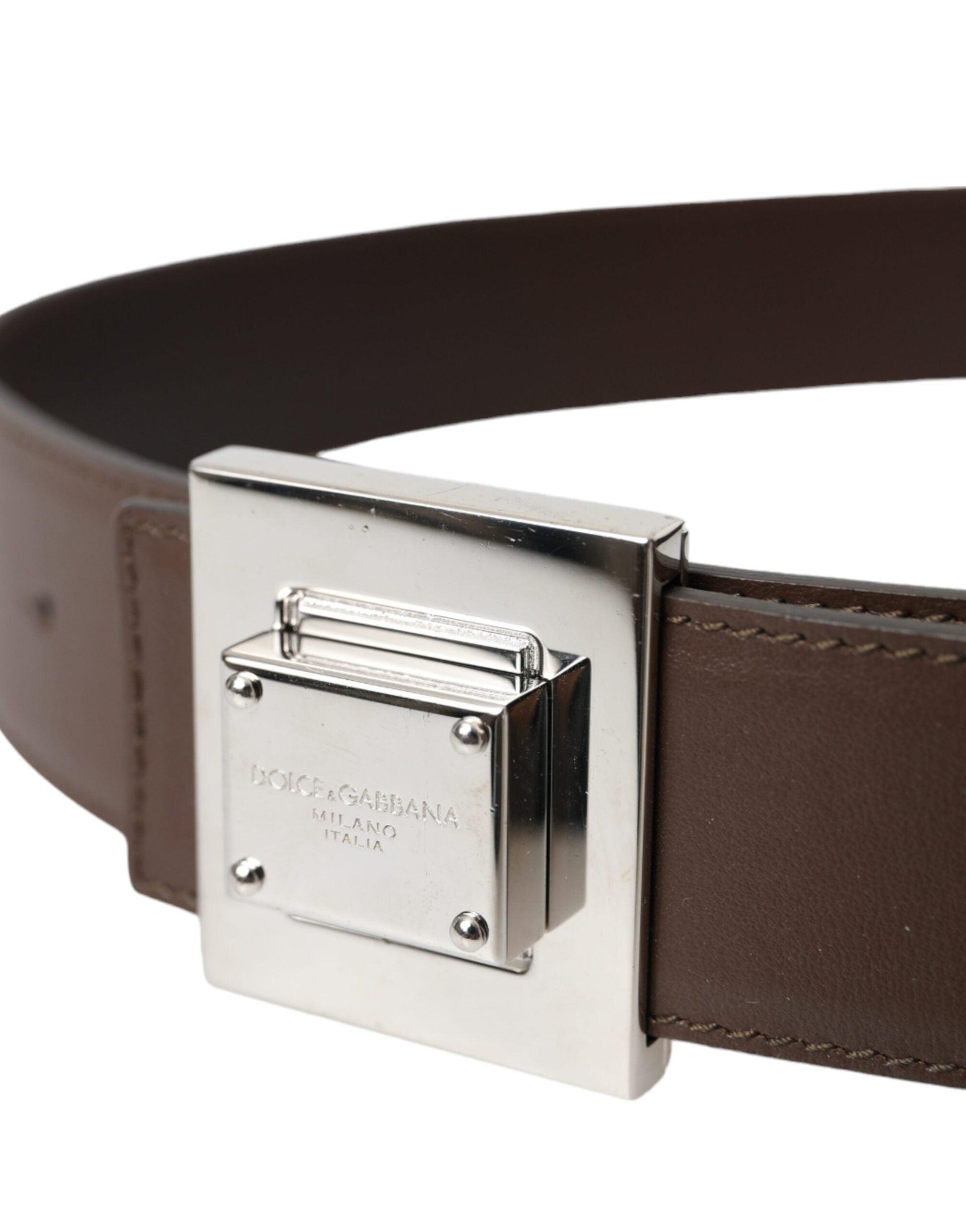 Dolce & Gabbana Brown Calf Leather Square Metal Buckle Belt - Arichezz.store