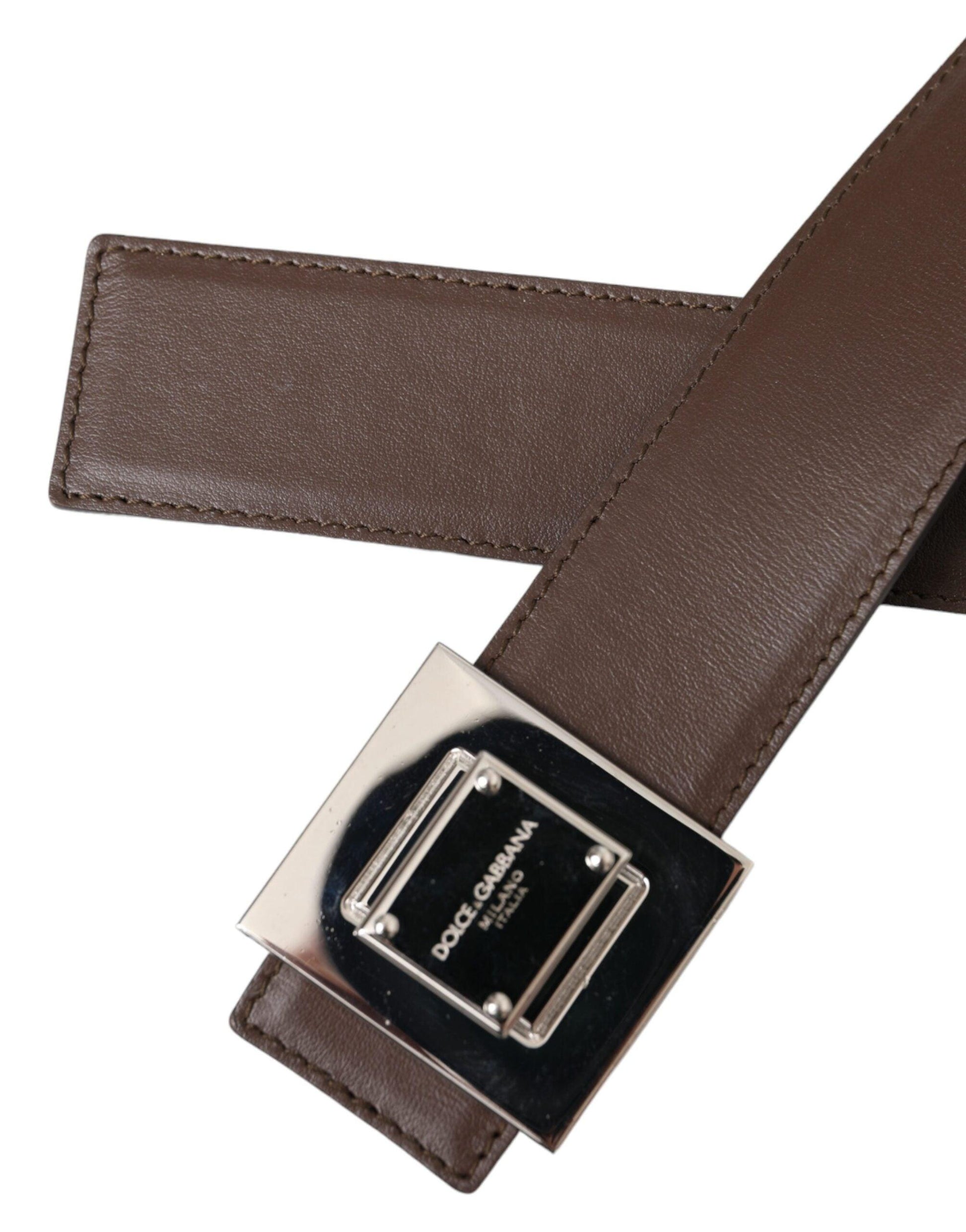 Dolce & Gabbana Brown Calf Leather Square Metal Buckle Belt - Arichezz.store