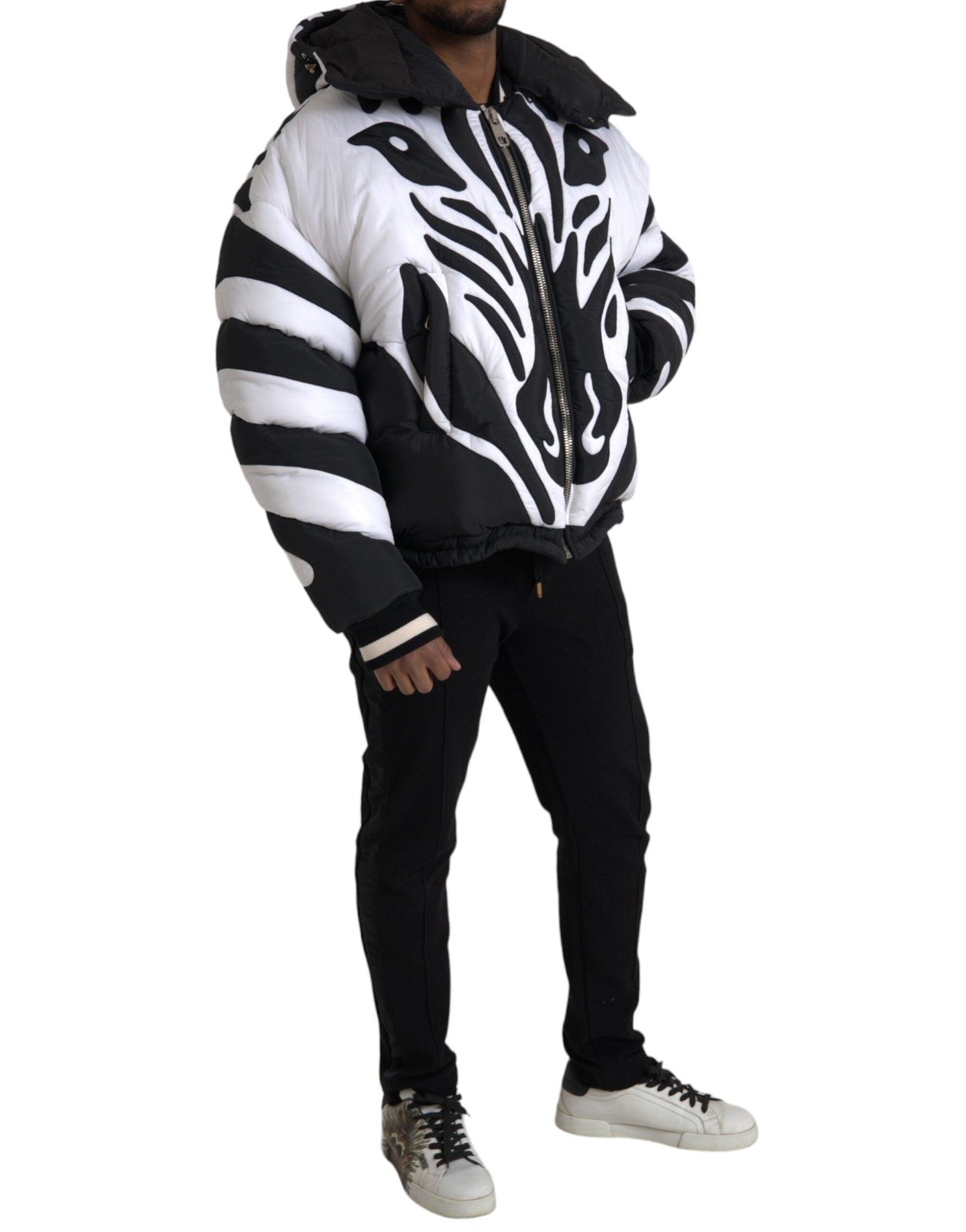 Dolce & Gabbana Black White Stripes Hooded Puffer Jacket - Arichezz.store