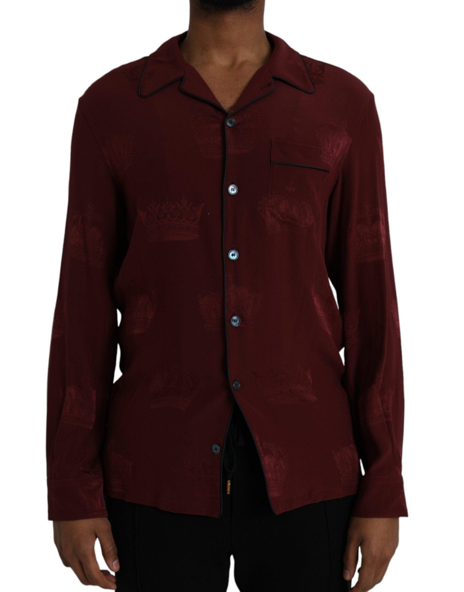 Dolce & Gabbana Maroon Crown Jacquard Silk Long Sleeve Shirt - Arichezz.store