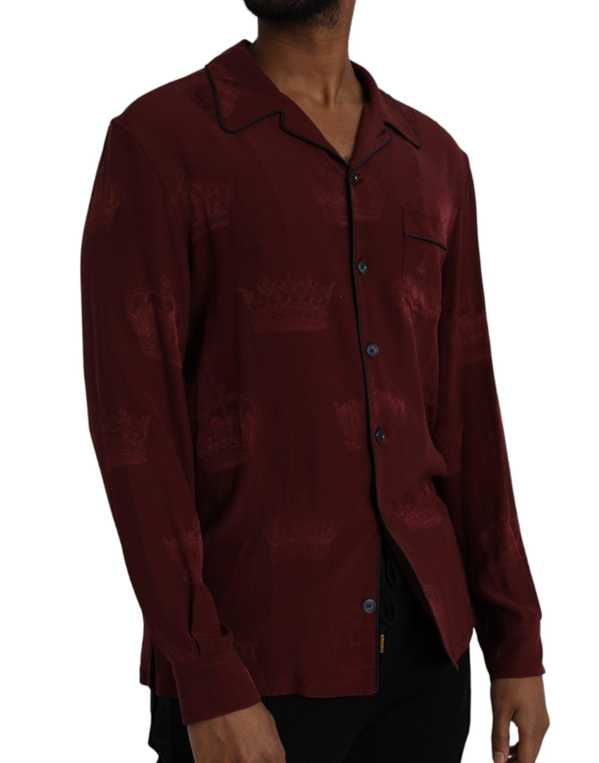 Dolce & Gabbana Maroon Crown Jacquard Silk Long Sleeve Shirt - Arichezz.store