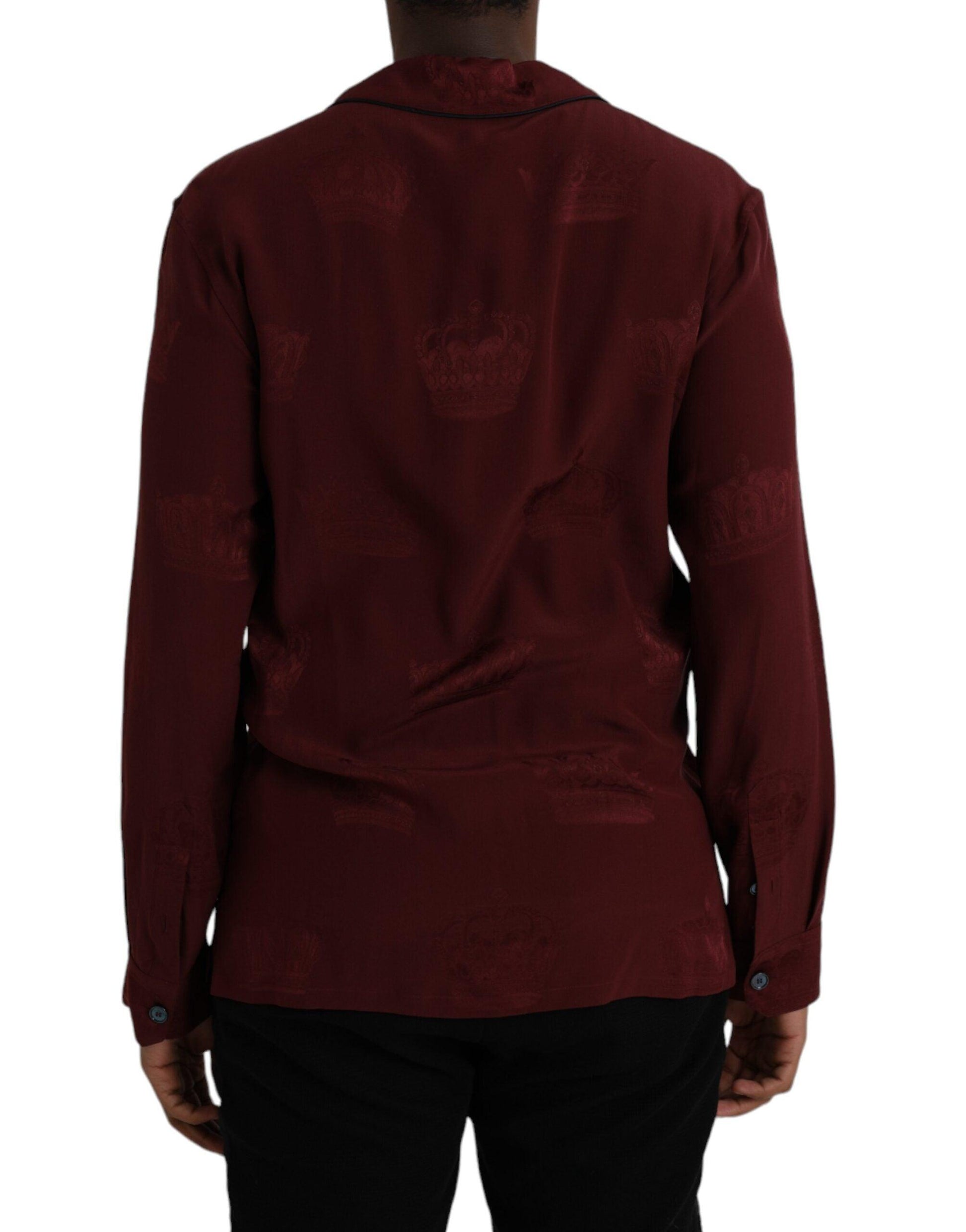 Dolce & Gabbana Maroon Crown Jacquard Silk Long Sleeve Shirt - Arichezz.store