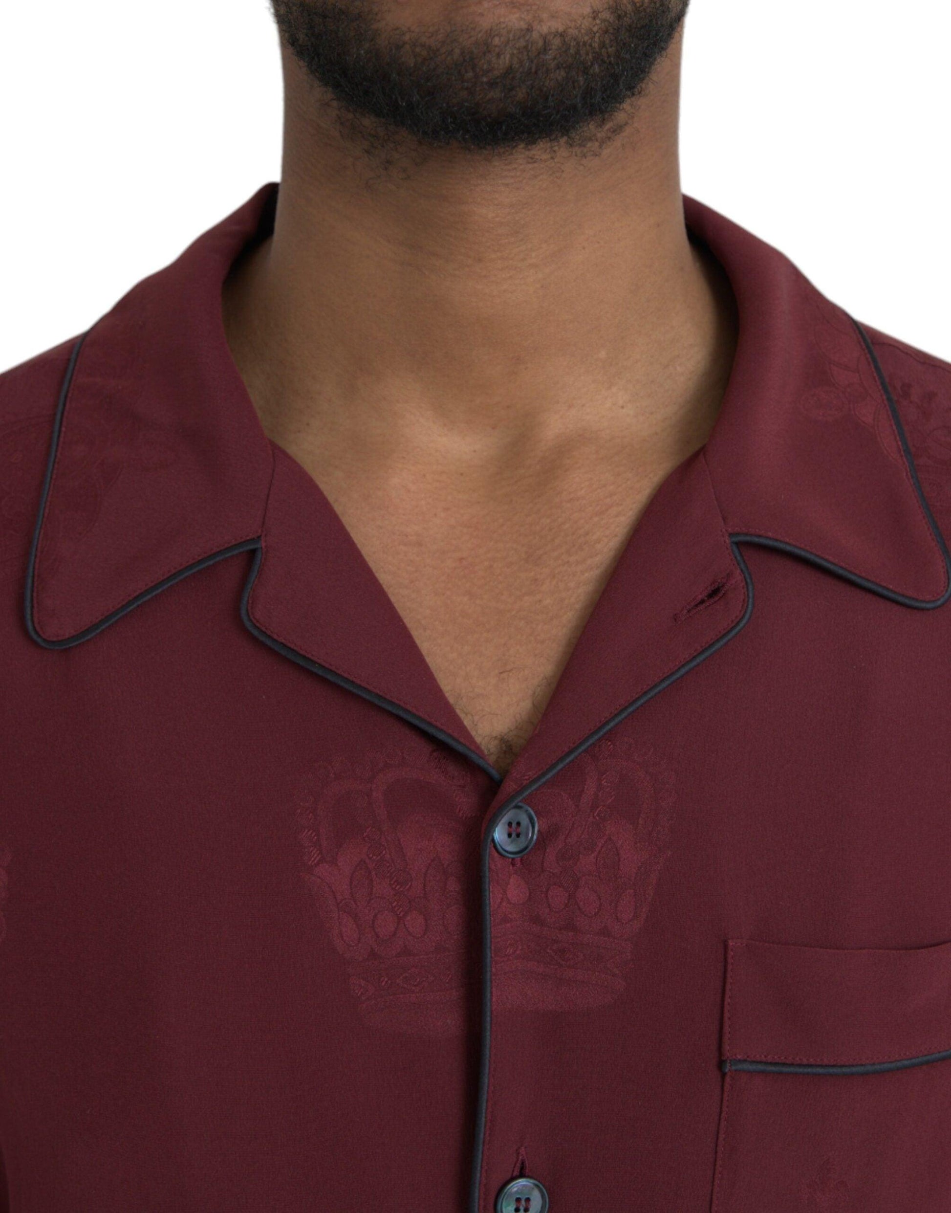 Dolce & Gabbana Maroon Crown Jacquard Silk Long Sleeve Shirt - Arichezz.store