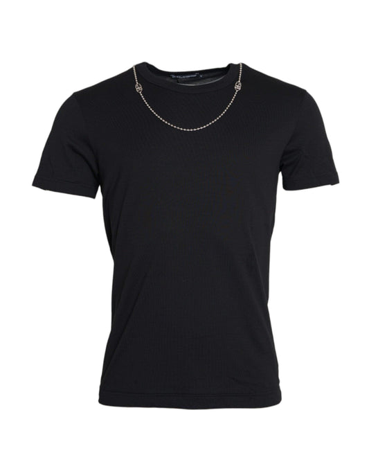 Dolce & Gabbana Black Cotton Silver Chain Short Sleeve T-shirt - Arichezz.store