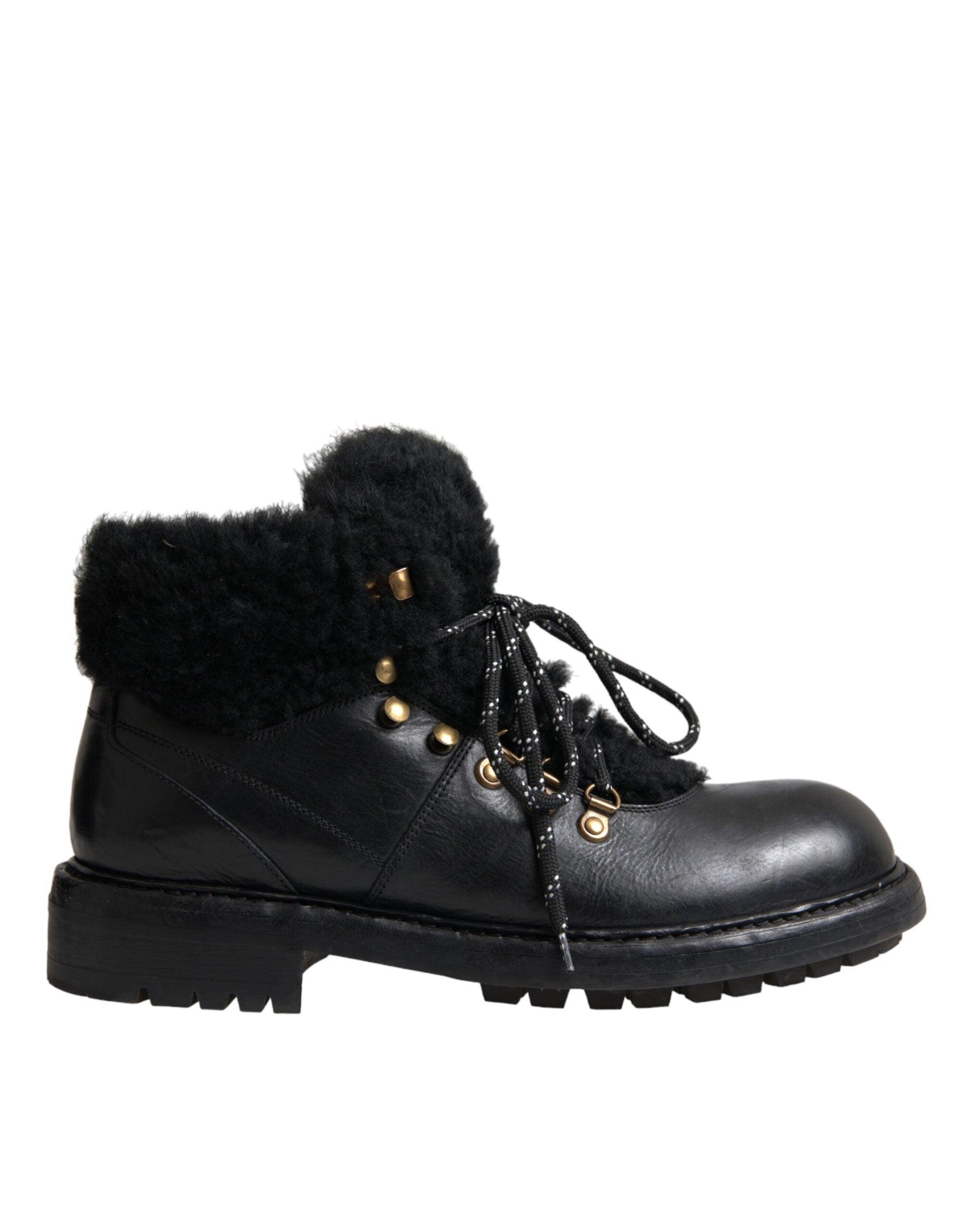 Dolce & Gabbana Black Leather Bernini Shearling Boots Shoes - Arichezz.store