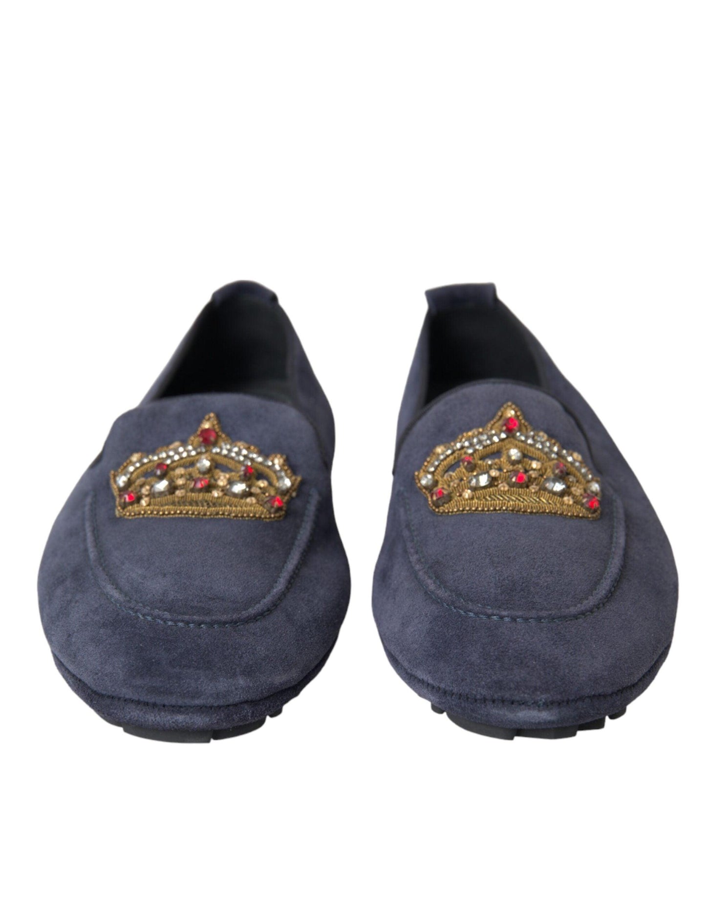 Dolce & Gabbana Blue Leather Suede Crystal Crown Loafers Shoes - Arichezz.store