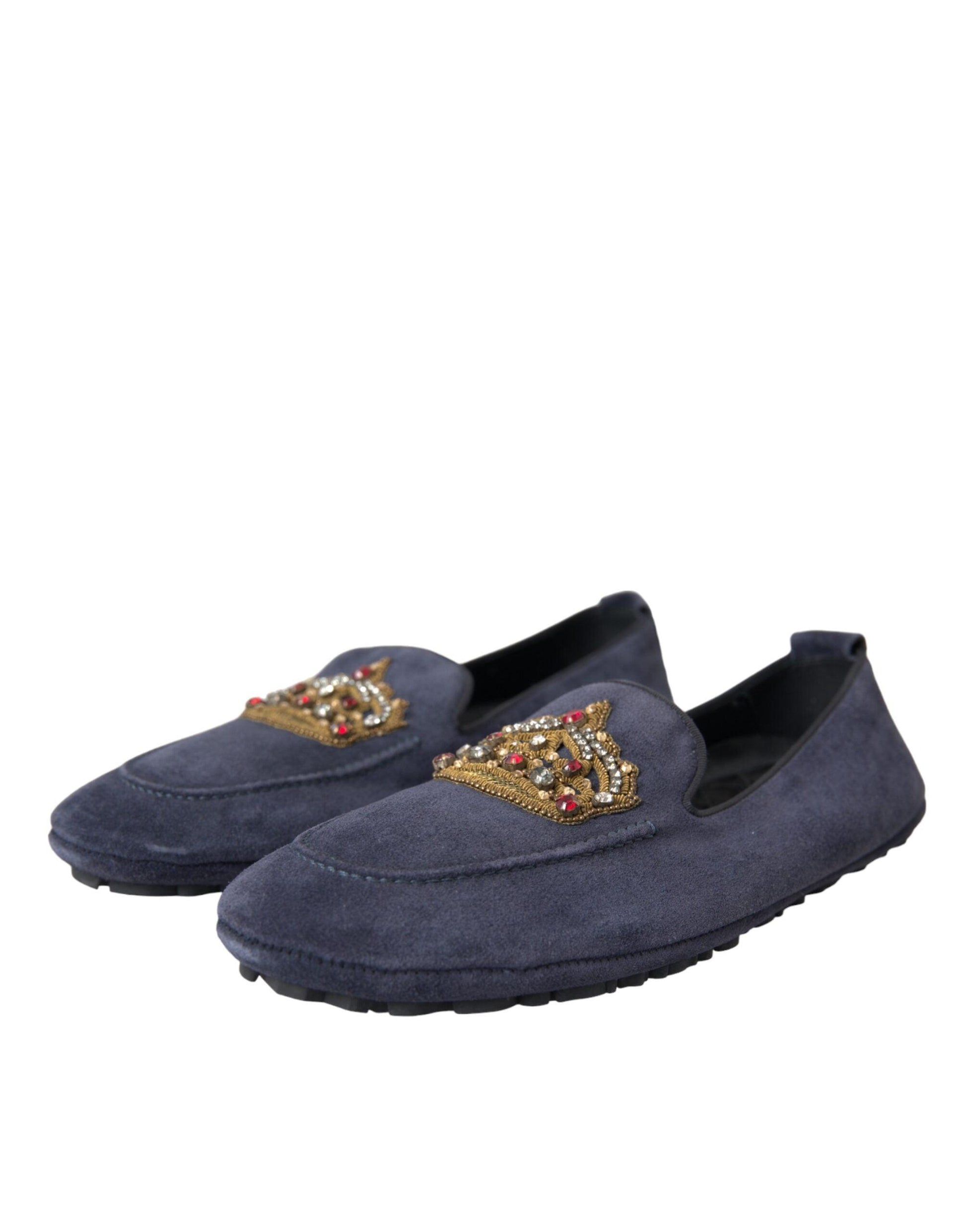 Dolce & Gabbana Blue Leather Suede Crystal Crown Loafers Shoes - Arichezz.store