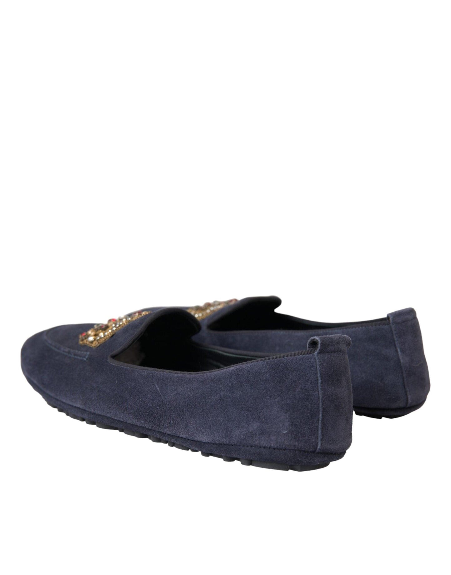 Dolce & Gabbana Blue Leather Suede Crystal Crown Loafers Shoes - Arichezz.store