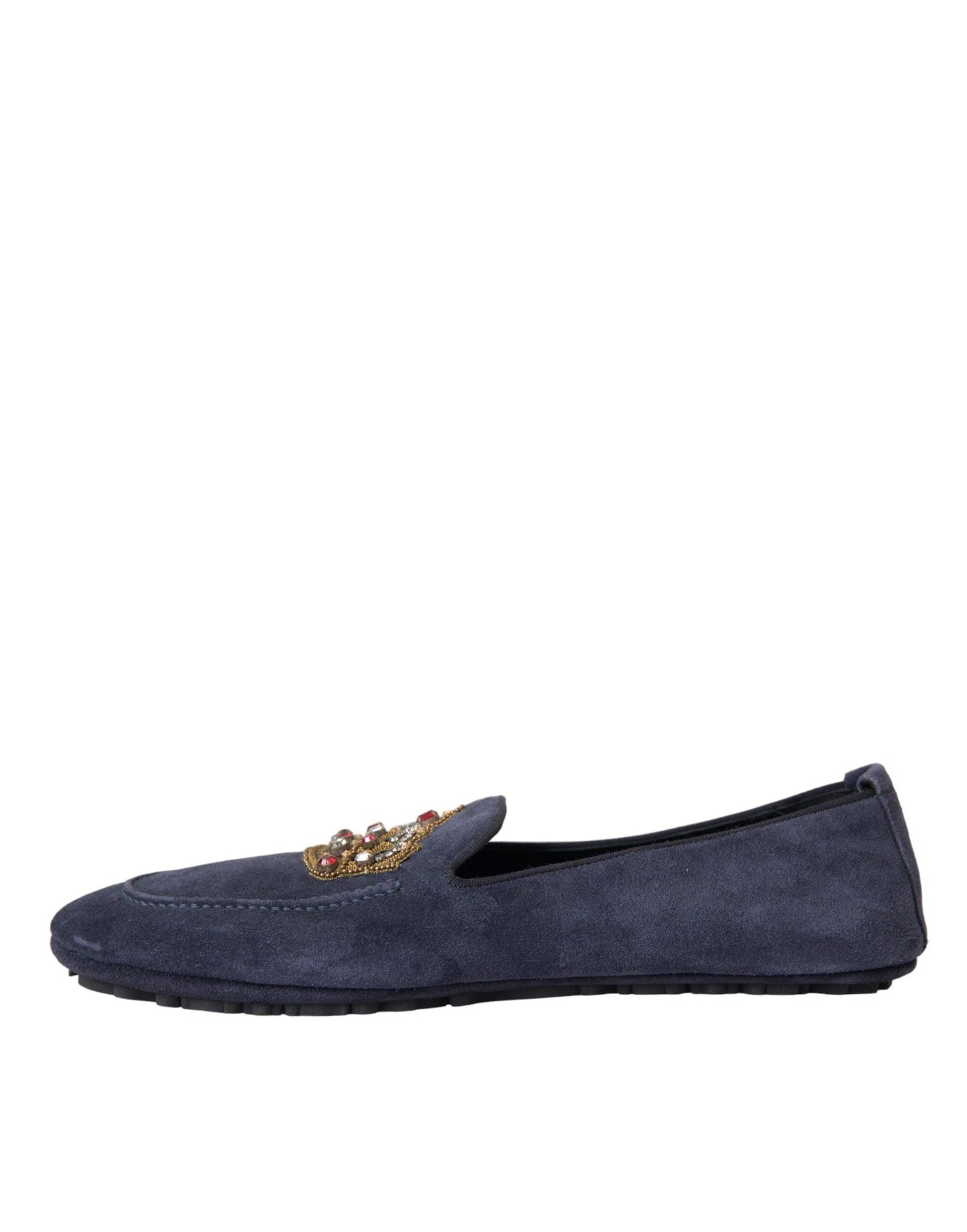 Dolce & Gabbana Blue Leather Suede Crystal Crown Loafers Shoes - Arichezz.store