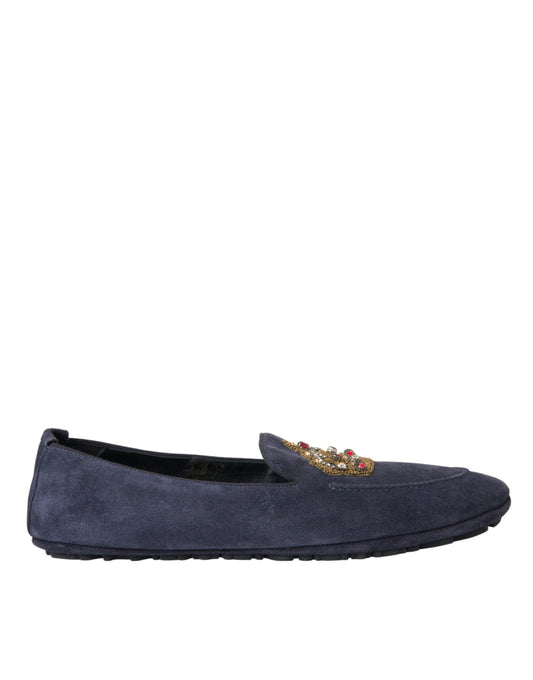 Dolce & Gabbana Blue Leather Suede Crystal Crown Loafers Shoes - Arichezz.store