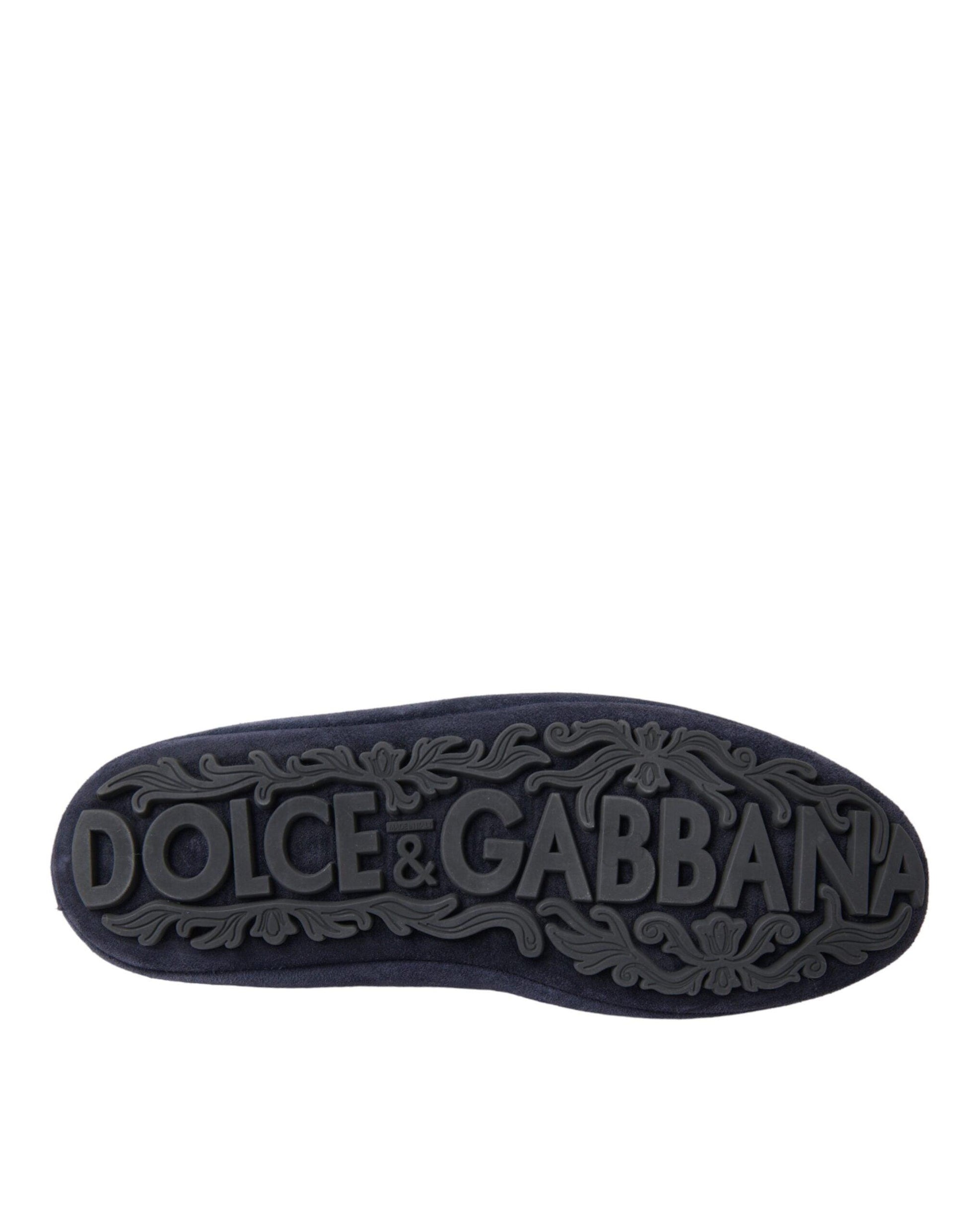 Dolce & Gabbana Blue Leather Suede Crystal Crown Loafers Shoes - Arichezz.store