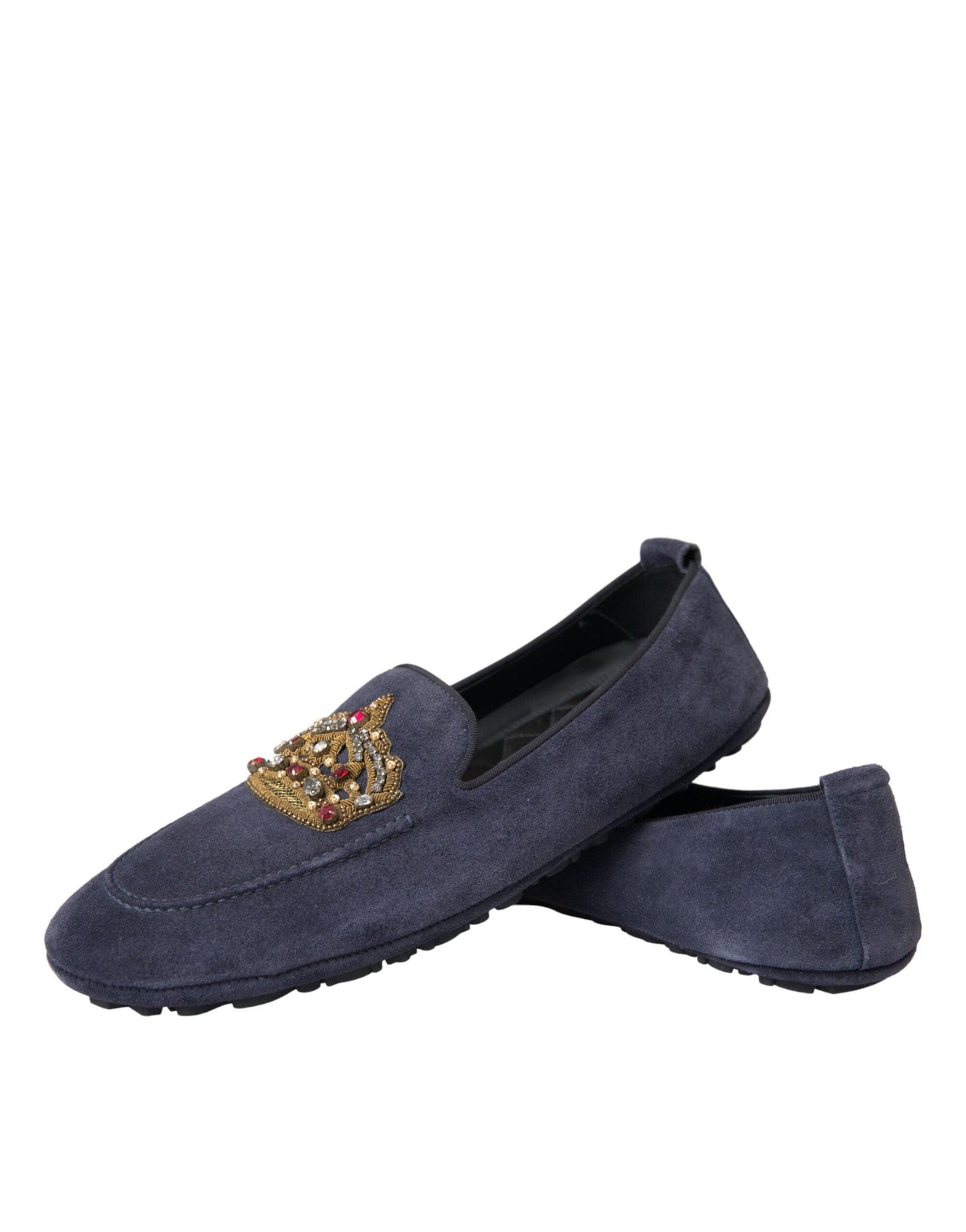 Dolce & Gabbana Blue Leather Suede Crystal Crown Loafers Shoes - Arichezz.store