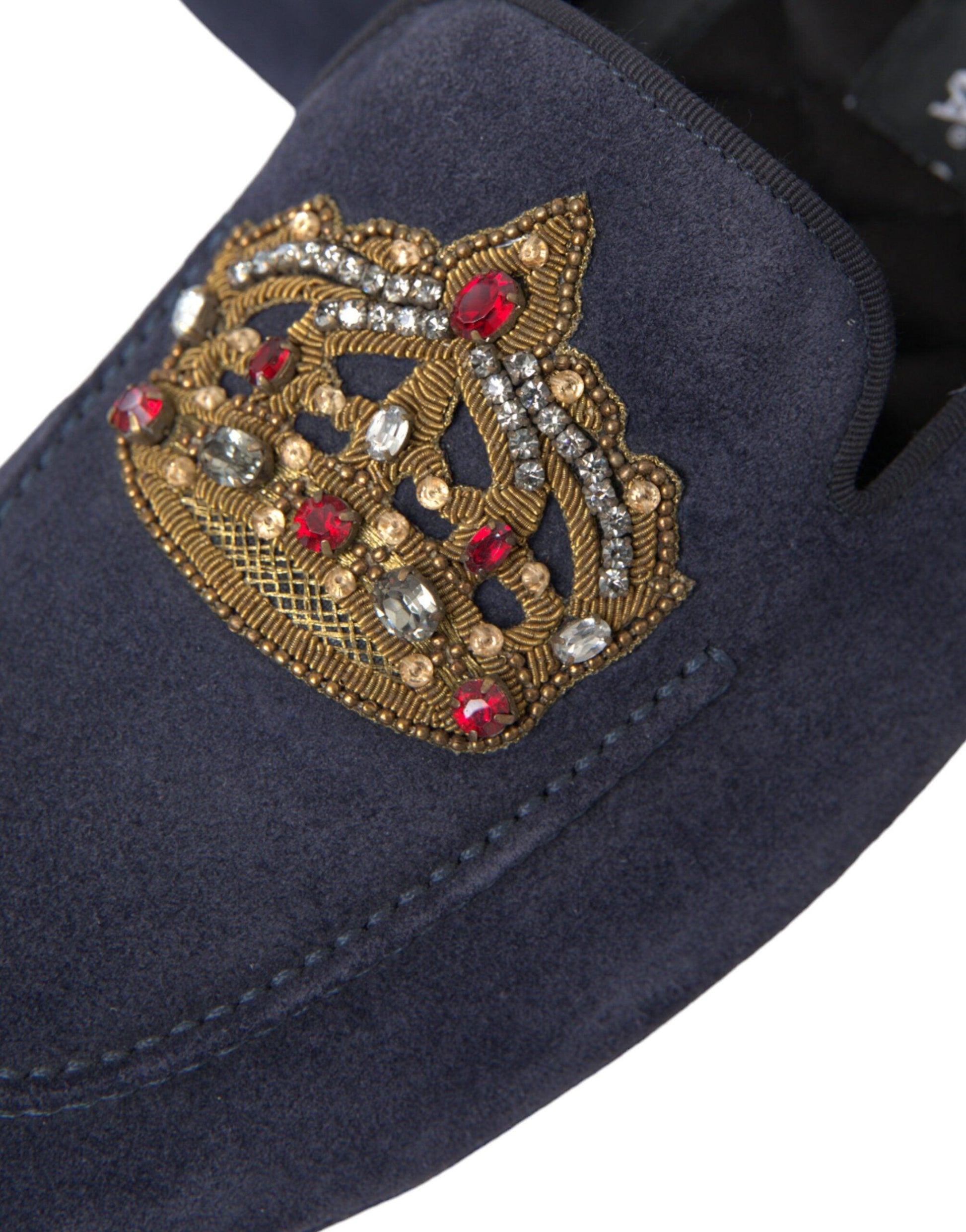 Dolce & Gabbana Blue Leather Suede Crystal Crown Loafers Shoes - Arichezz.store