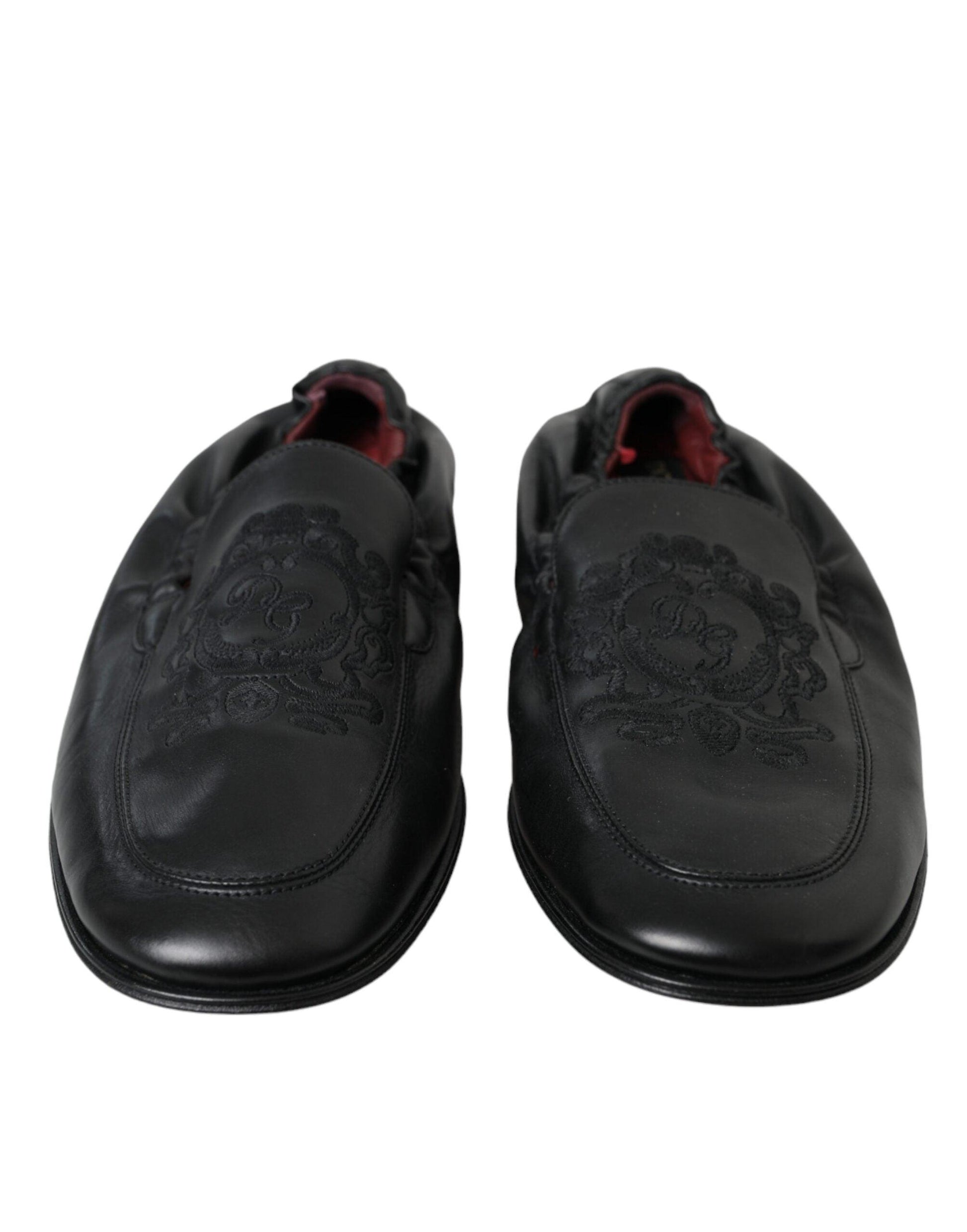 Dolce & Gabbana Black Logo Embroidered Leather Loafer Men Dress Shoes - Arichezz.store