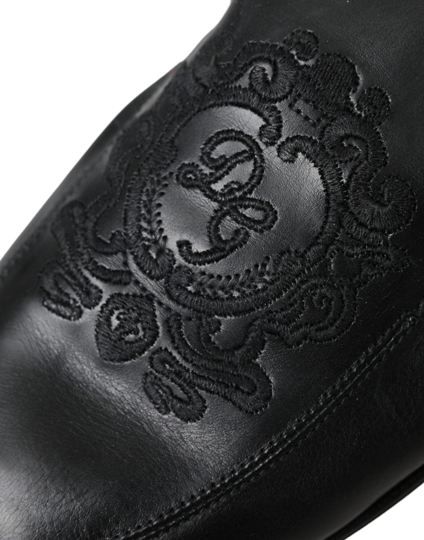 Dolce & Gabbana Black Logo Embroidered Leather Loafer Men Dress Shoes - Arichezz.store