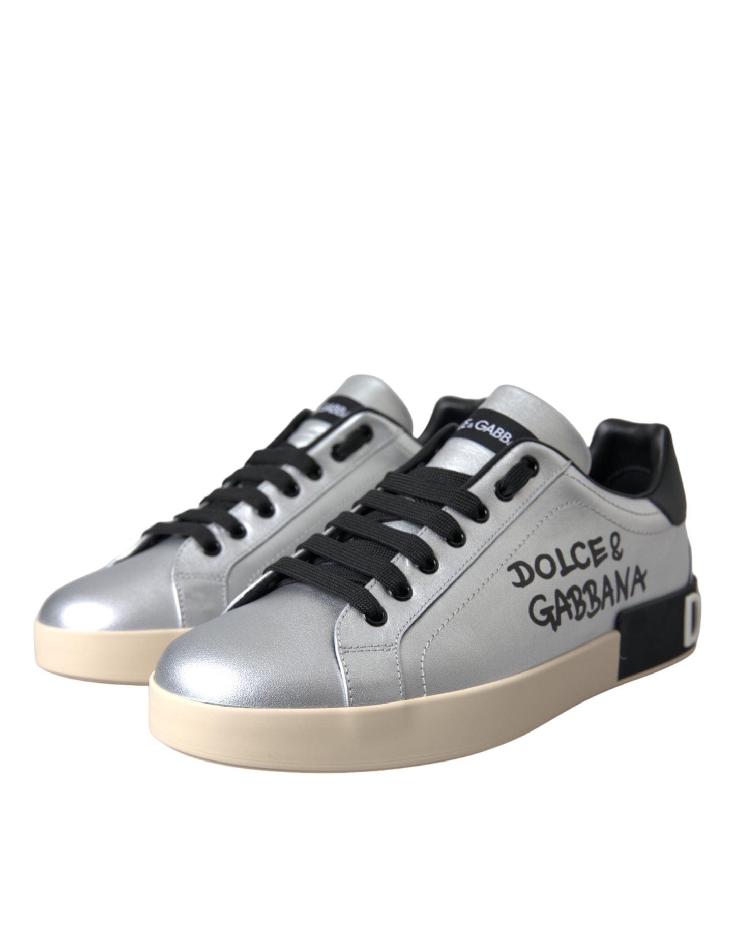 Dolce & Gabbana Silver Portofino Calf Leather Sneakers Men Shoes - Arichezz.store