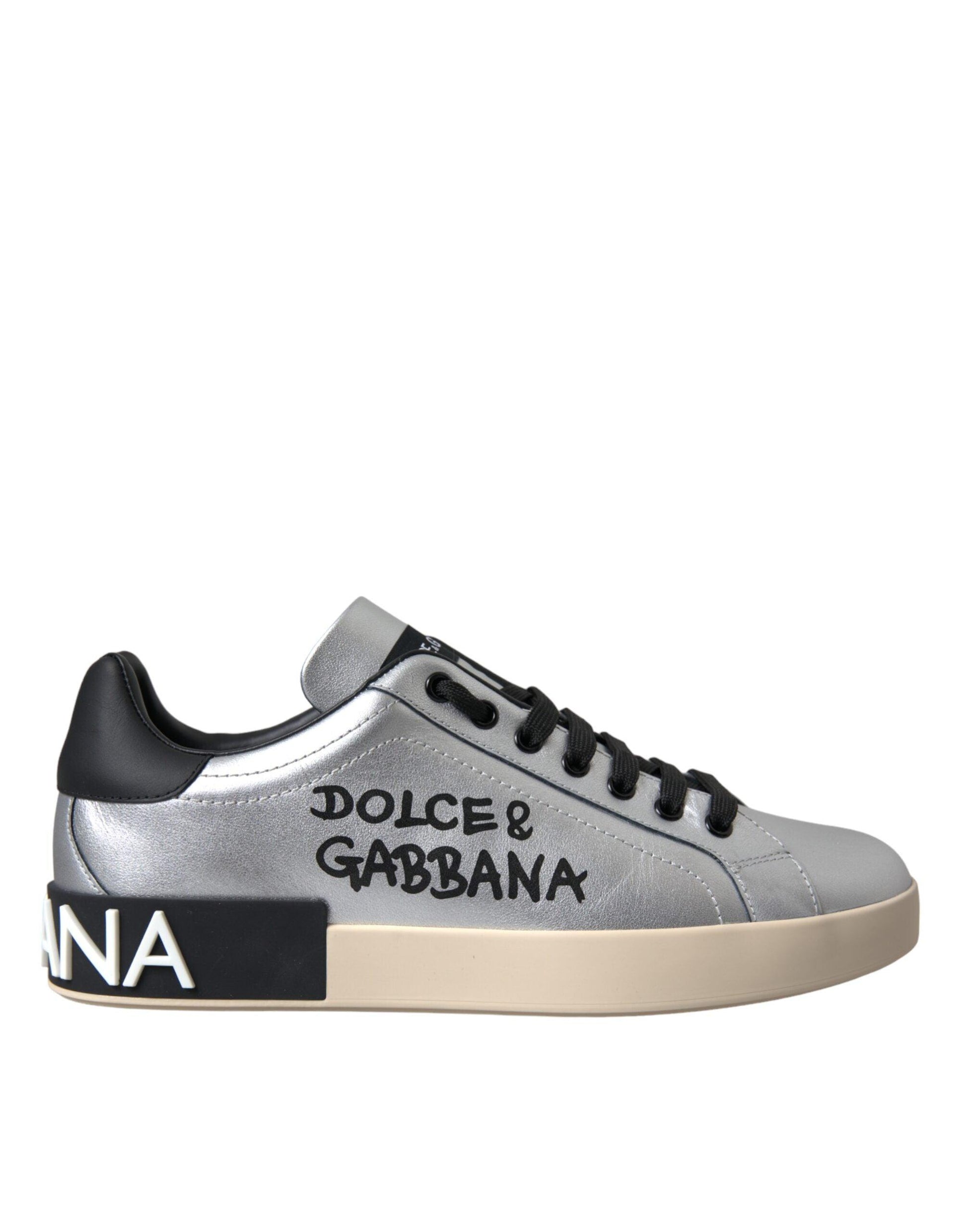 Dolce & Gabbana Silver Portofino Calf Leather Sneakers Men Shoes - Arichezz.store