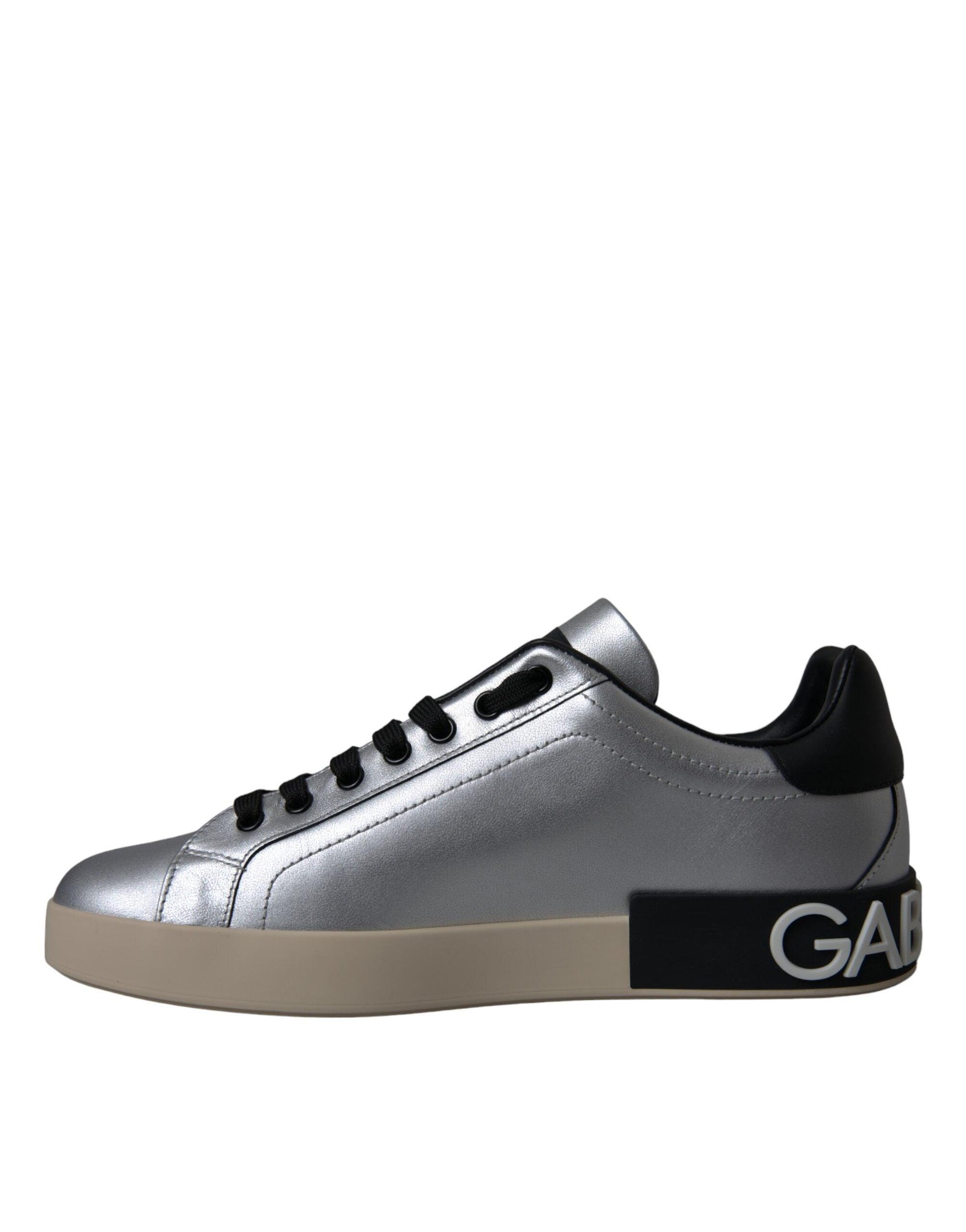 Dolce & Gabbana Silver Portofino Calf Leather Sneakers Men Shoes - Arichezz.store