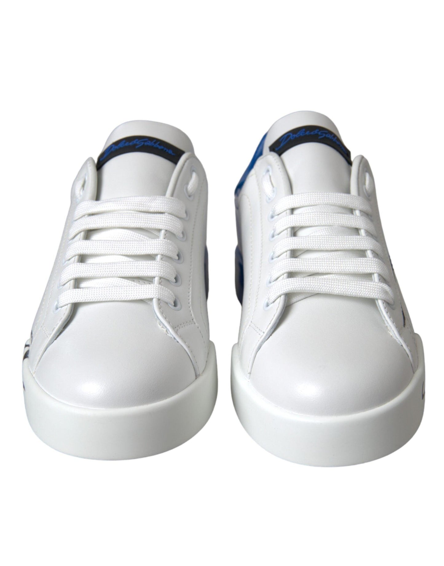 Dolce & Gabbana White Blue Leather Logo Low Top Sneakers Shoes - Arichezz.store