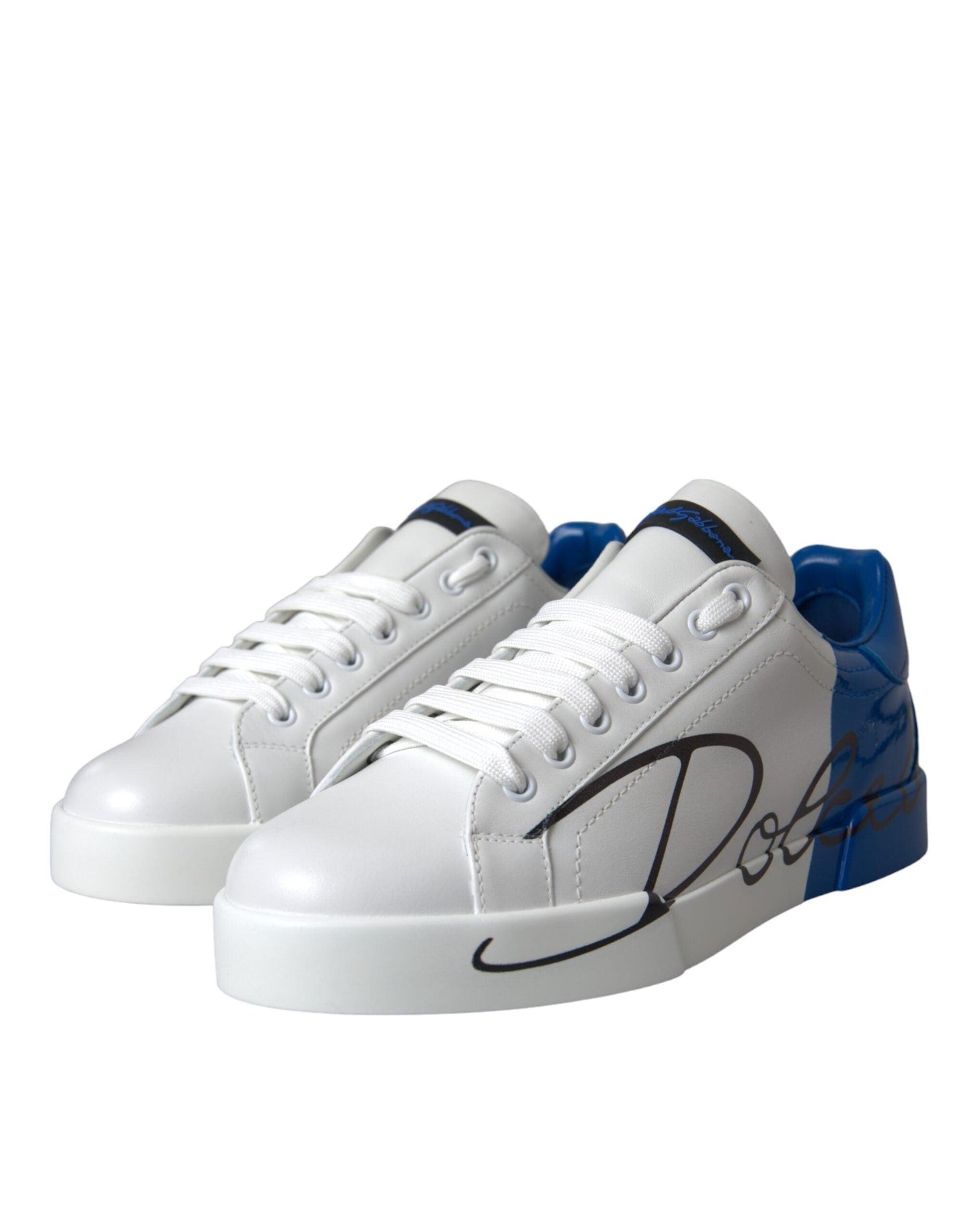 Dolce & Gabbana White Blue Leather Logo Low Top Sneakers Shoes - Arichezz.store