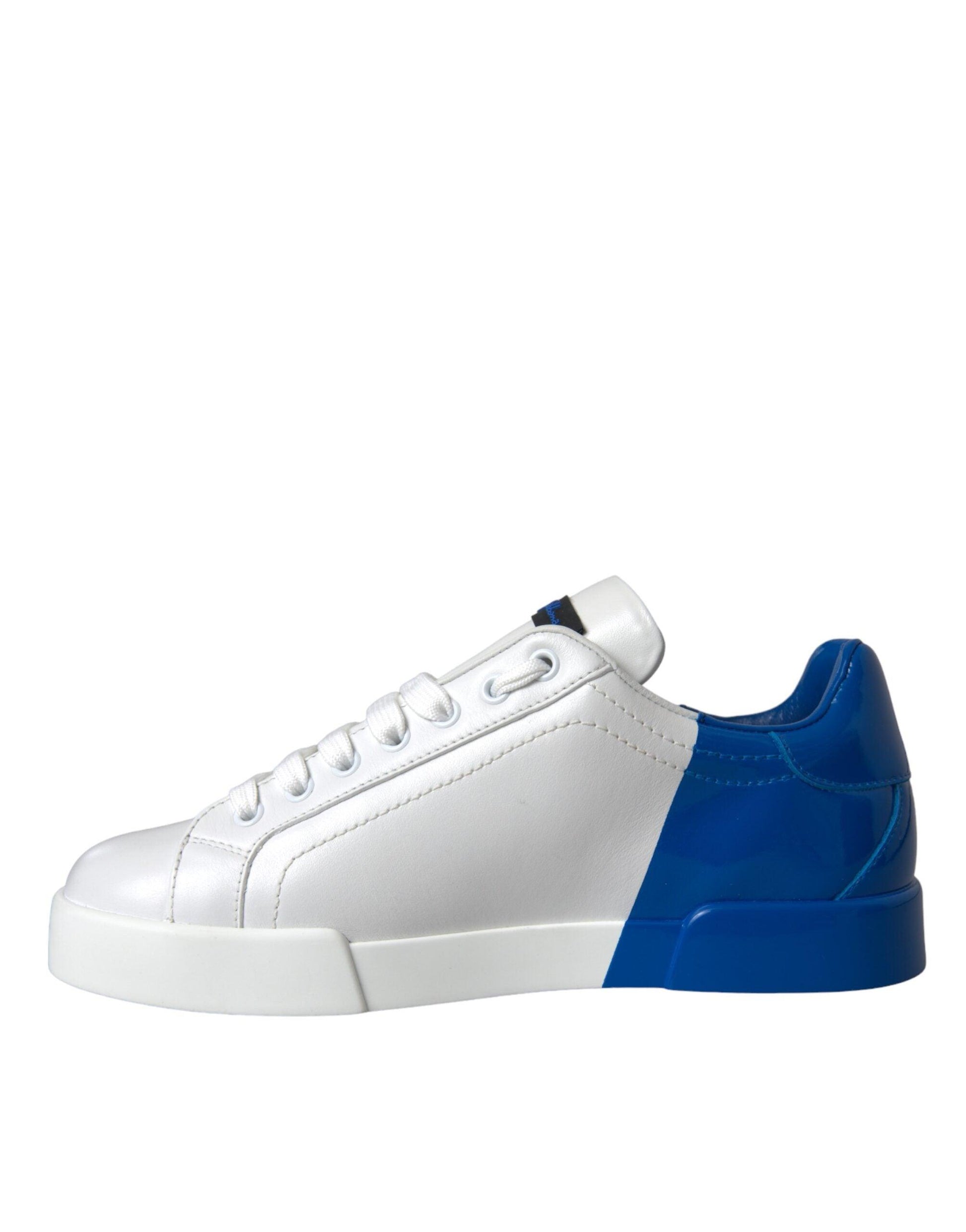 Dolce & Gabbana White Blue Leather Logo Low Top Sneakers Shoes - Arichezz.store