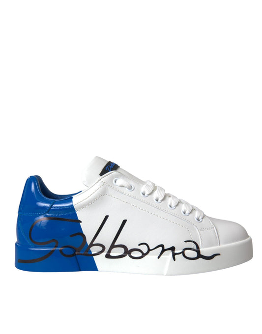 Dolce & Gabbana White Blue Leather Logo Low Top Sneakers Shoes - Arichezz.store