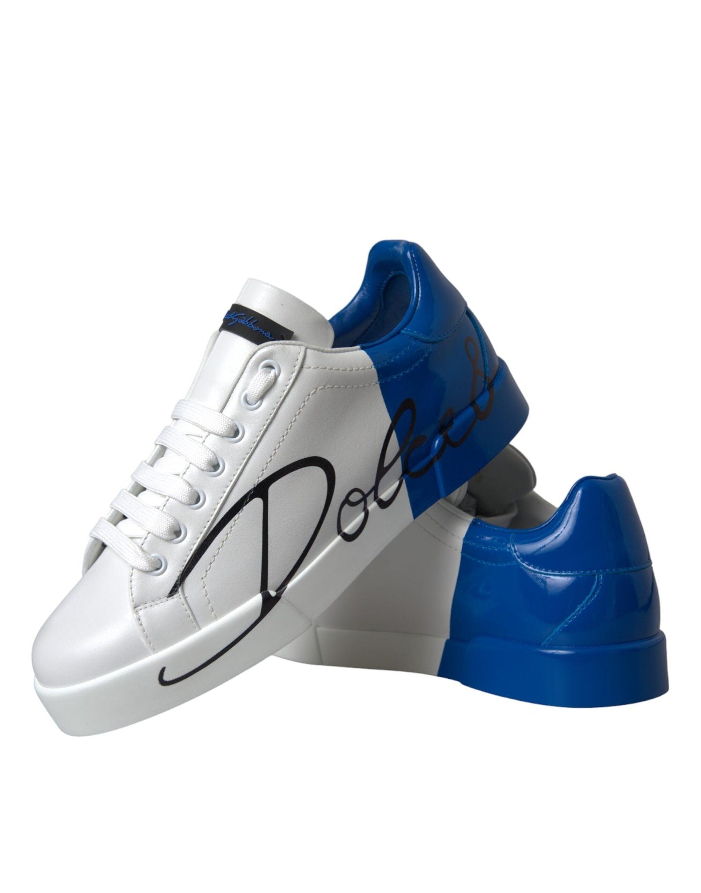 Dolce & Gabbana White Blue Leather Logo Low Top Sneakers Shoes - Arichezz.store