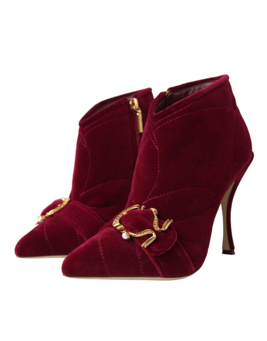 Dolce & Gabbana Dark Red Velvet Devotion Buckle Boots Shoes - Arichezz.store