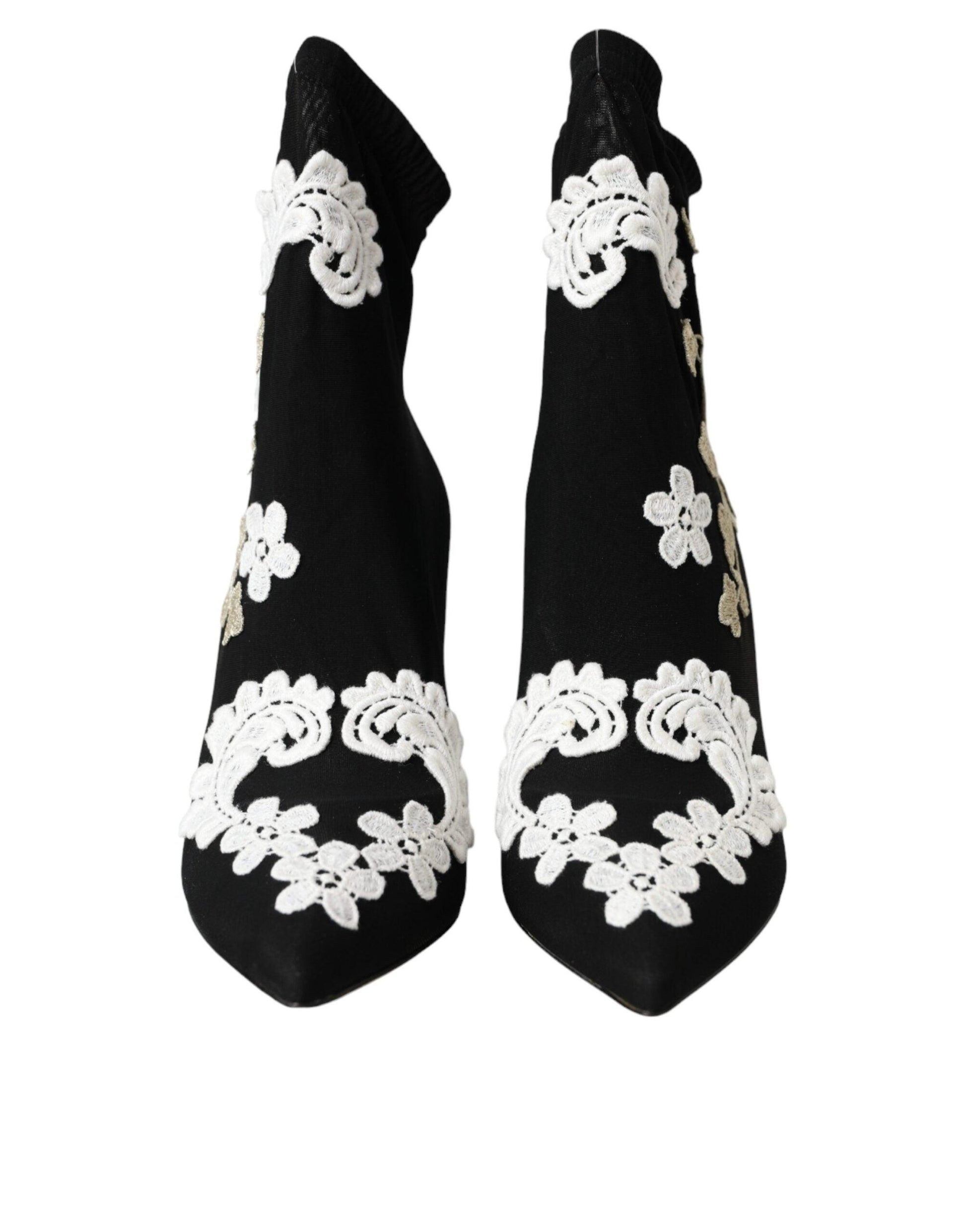 Dolce & Gabbana Black White Embroidery Slip On Boots Shoes - Arichezz.store