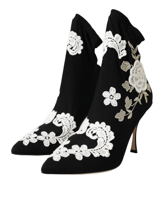 Dolce & Gabbana Black White Embroidery Slip On Boots Shoes - Arichezz.store