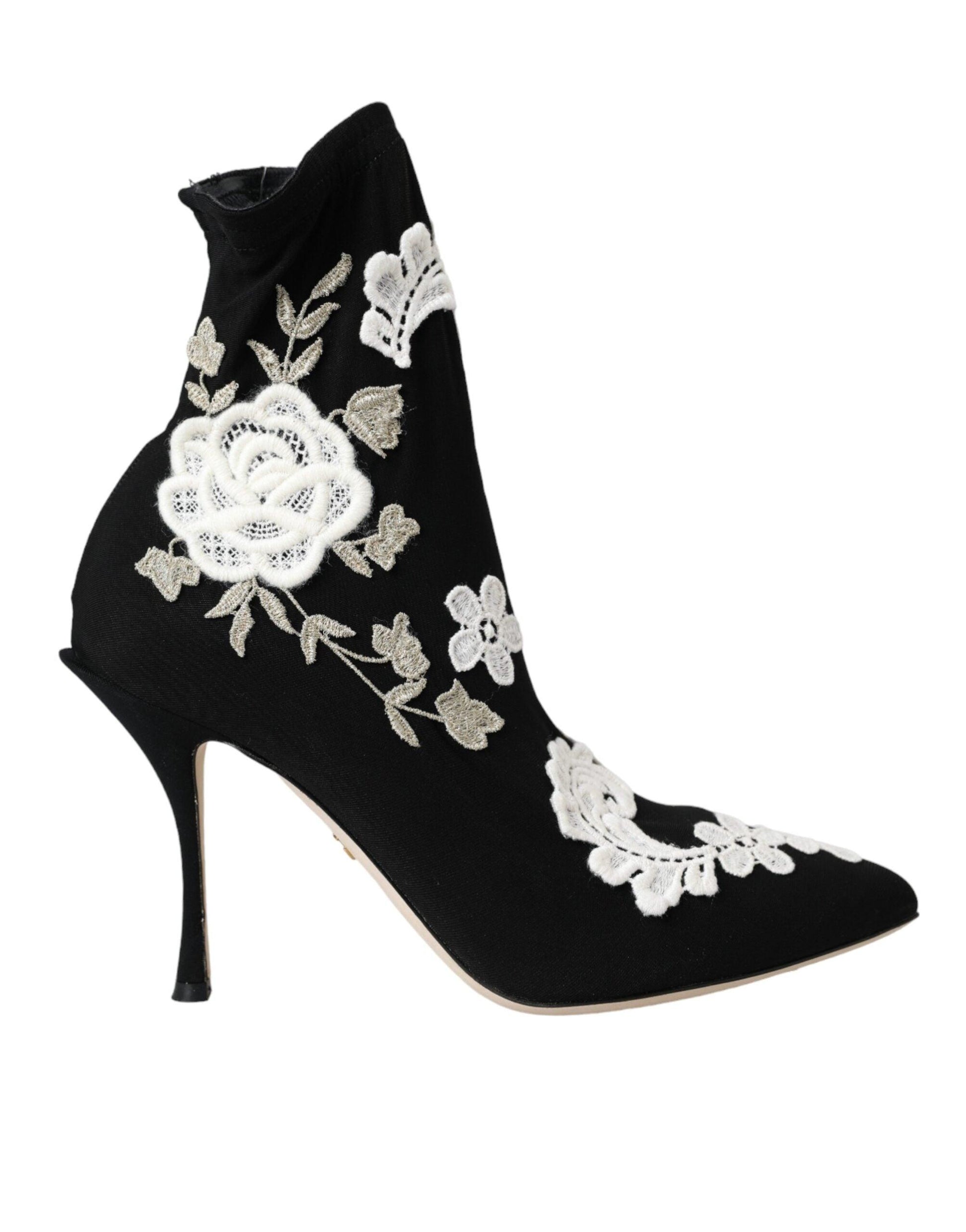 Dolce & Gabbana Black White Embroidery Slip On Boots Shoes - Arichezz.store