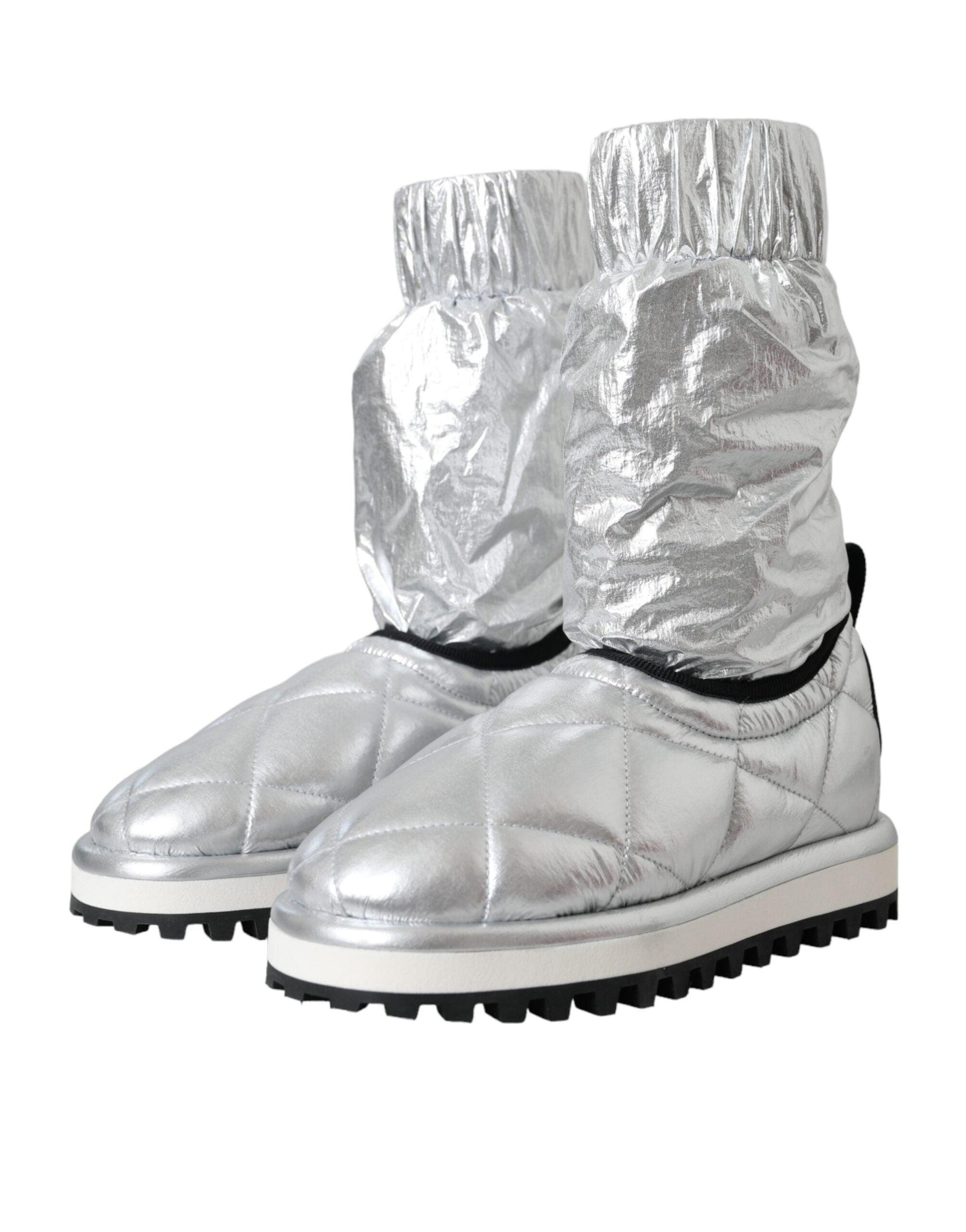 Dolce & Gabbana Metallic Silver Quilted Logo Patch Boot Shoes - Arichezz.store