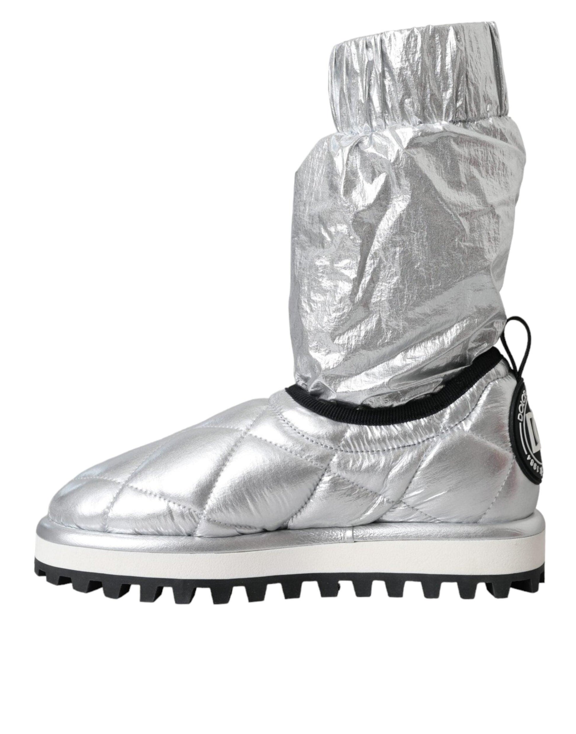 Dolce & Gabbana Metallic Silver Quilted Logo Patch Boot Shoes - Arichezz.store