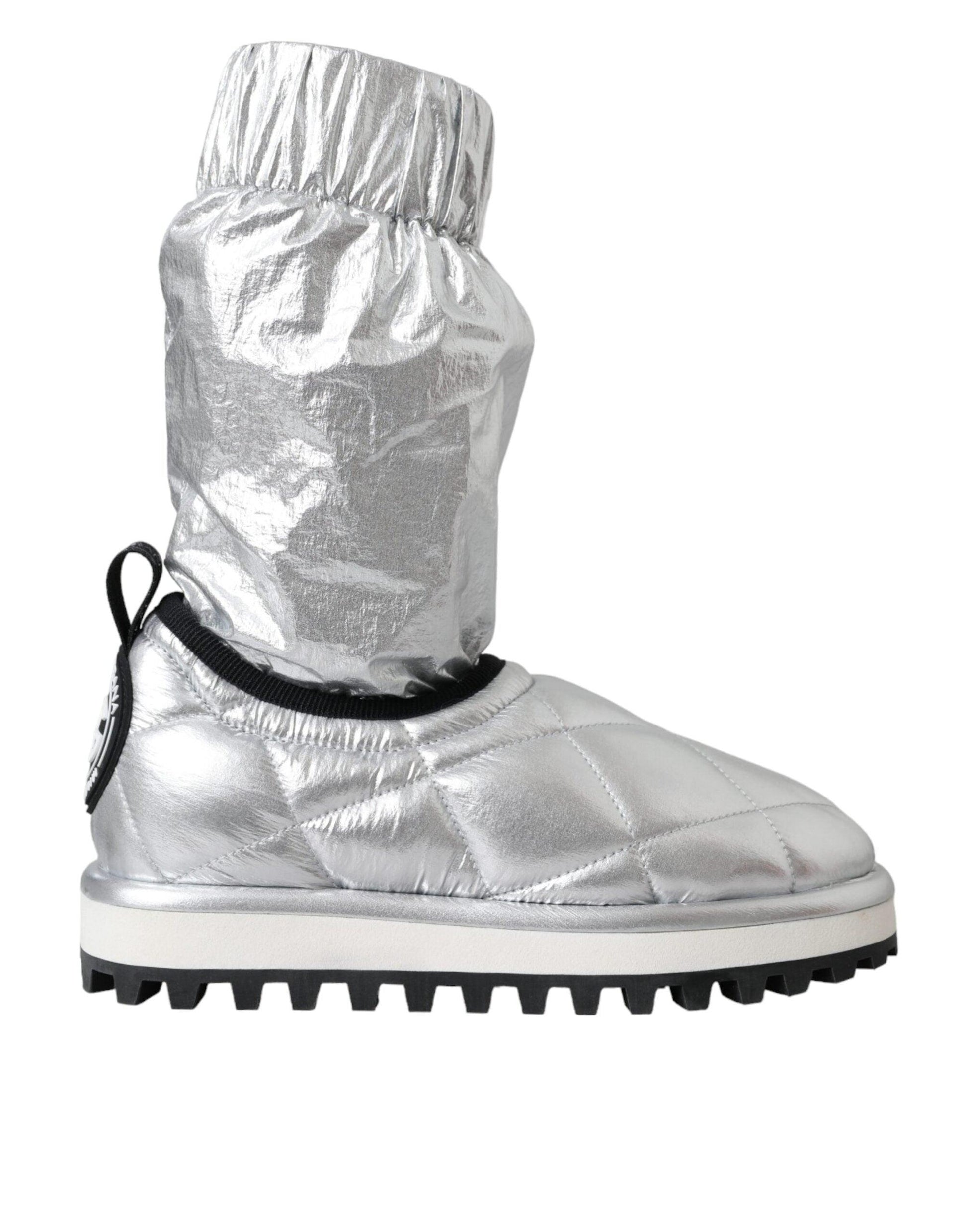 Dolce & Gabbana Metallic Silver Quilted Logo Patch Boot Shoes - Arichezz.store