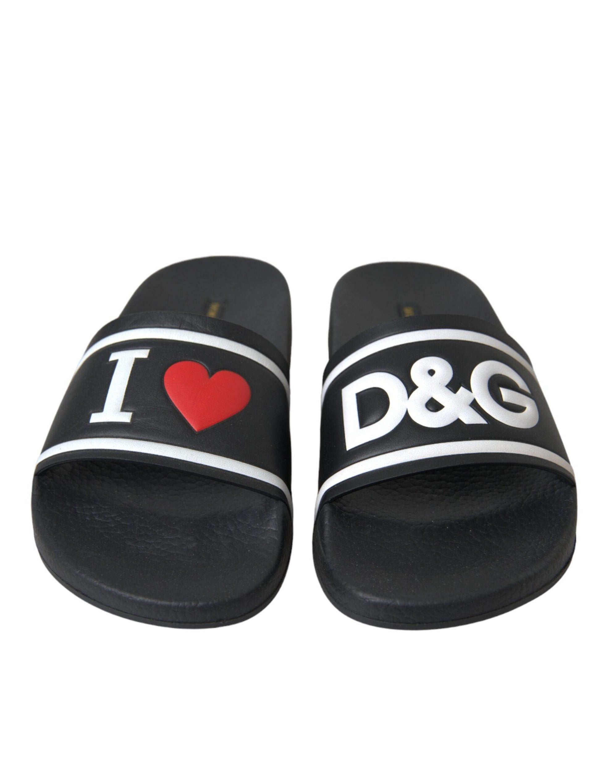 Dolce & Gabbana Black Leather I Love D&G Sandals Slides Shoes - Arichezz.store