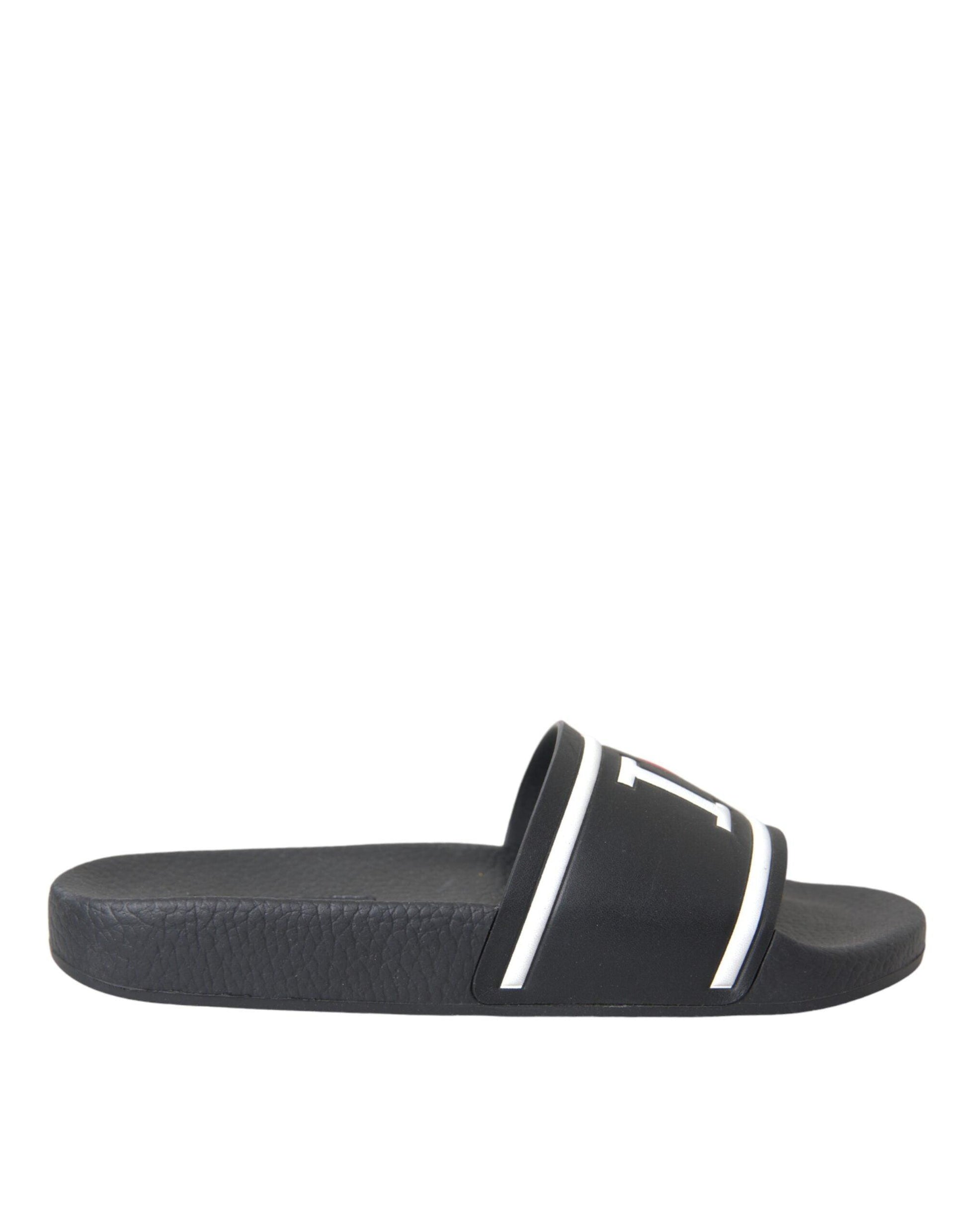 Dolce & Gabbana Black Leather I Love D&G Sandals Slides Shoes - Arichezz.store