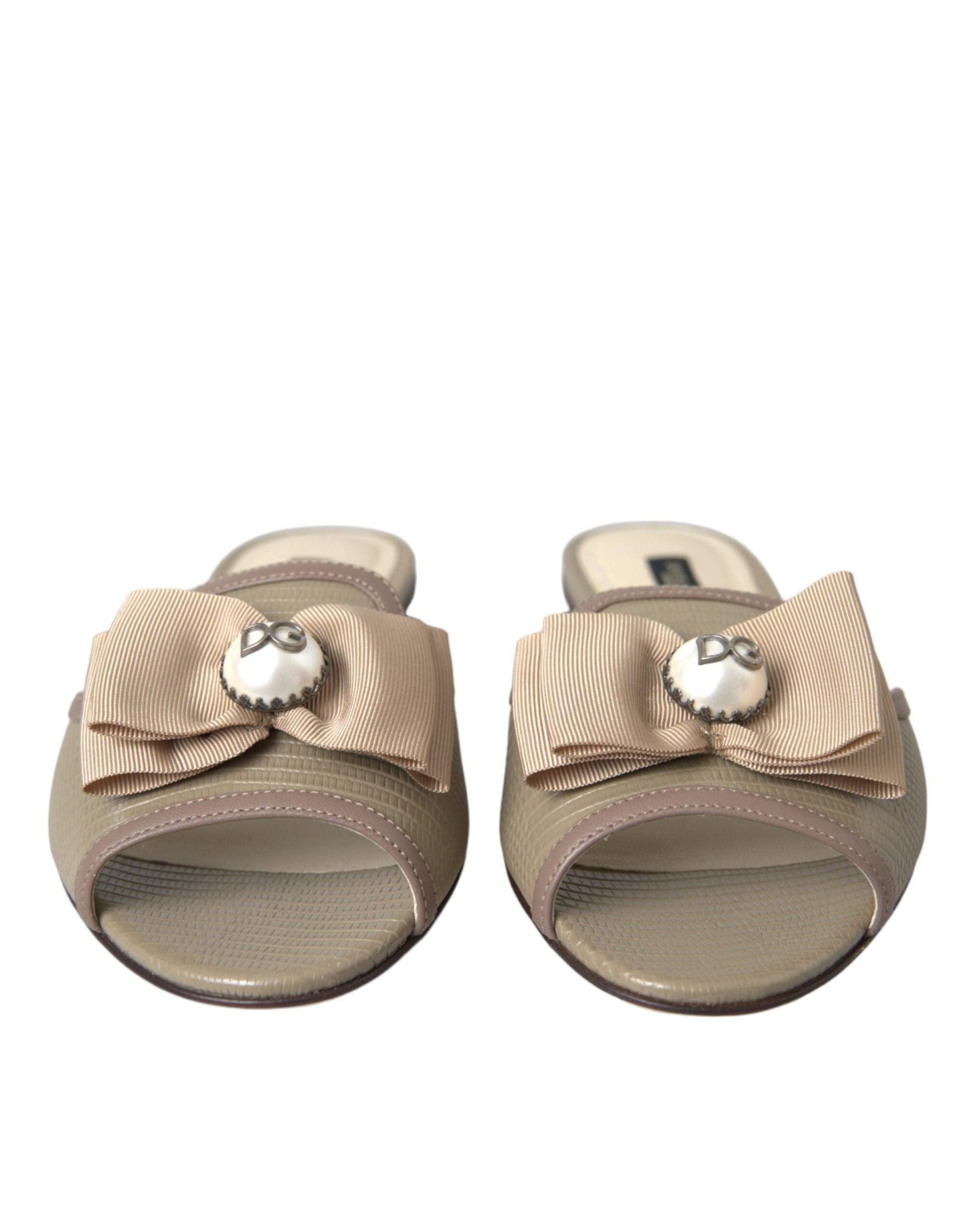 Dolce & Gabbana Beige Logo Pearl Flats Sandals Slides Shoes - Arichezz.store