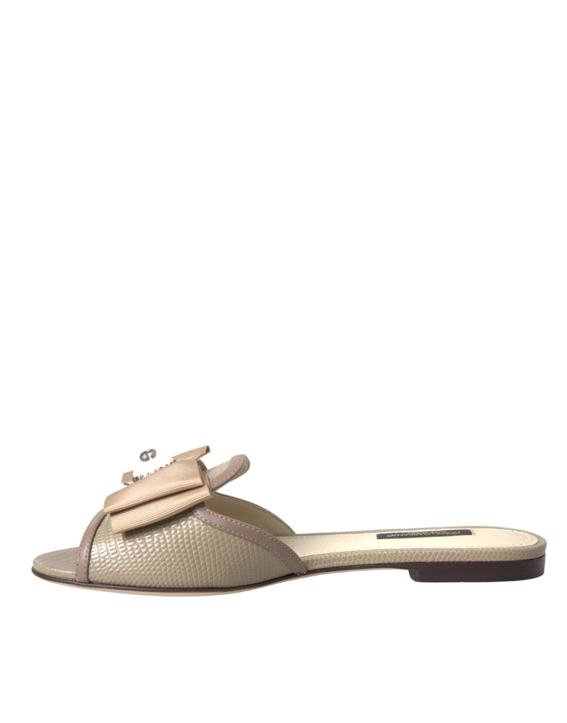 Dolce & Gabbana Beige Logo Pearl Flats Sandals Slides Shoes - Arichezz.store