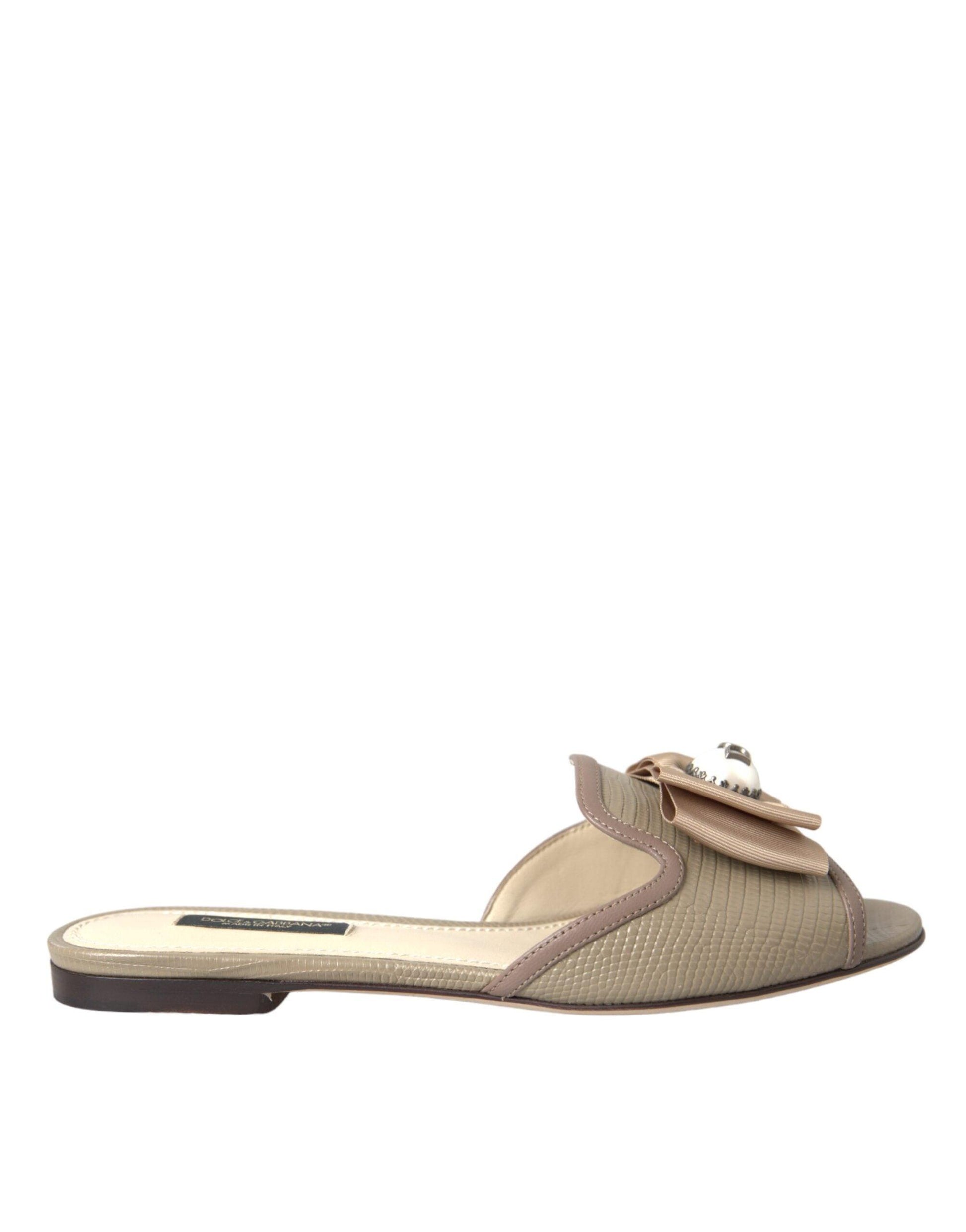 Dolce & Gabbana Beige Logo Pearl Flats Sandals Slides Shoes - Arichezz.store